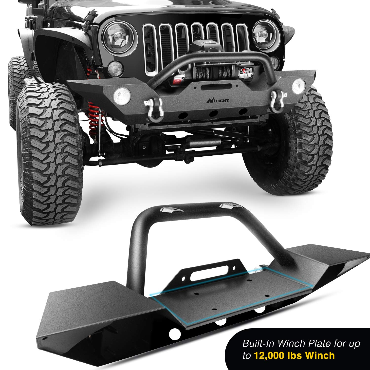 Nilight Rear Bumper With Spare Tire Carrier Compatible For 2007-2018 Wrangler Jk & Unlimited (2/4 Doors) Hitch Receiver W 2 Led