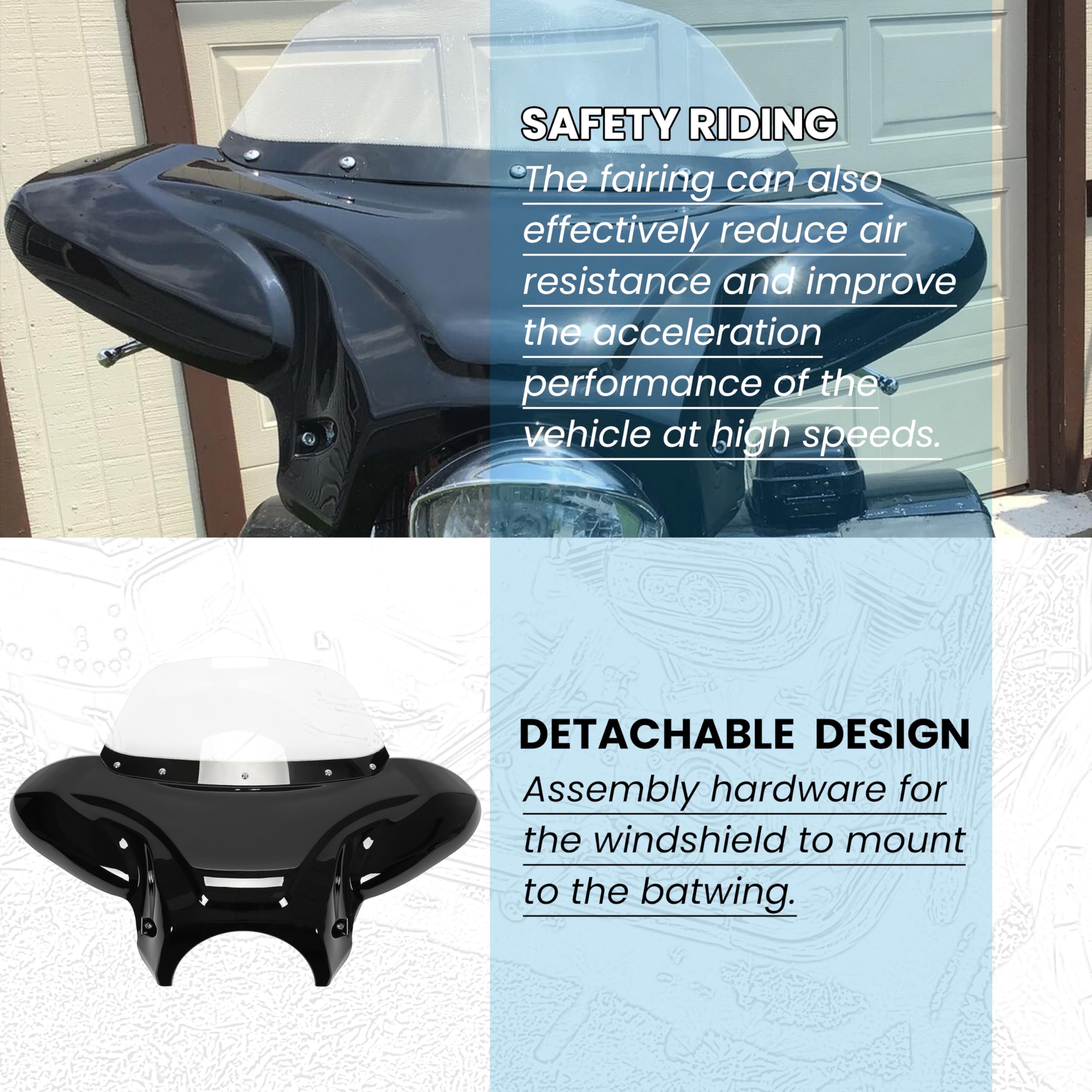 Ecotric Universal Motorcycle Cruiser Front Outer Fairing Batwing W/Clear Windshield 37' Wide X 24' Tall Bat Wing Transparent Black Abs Plastic Durable