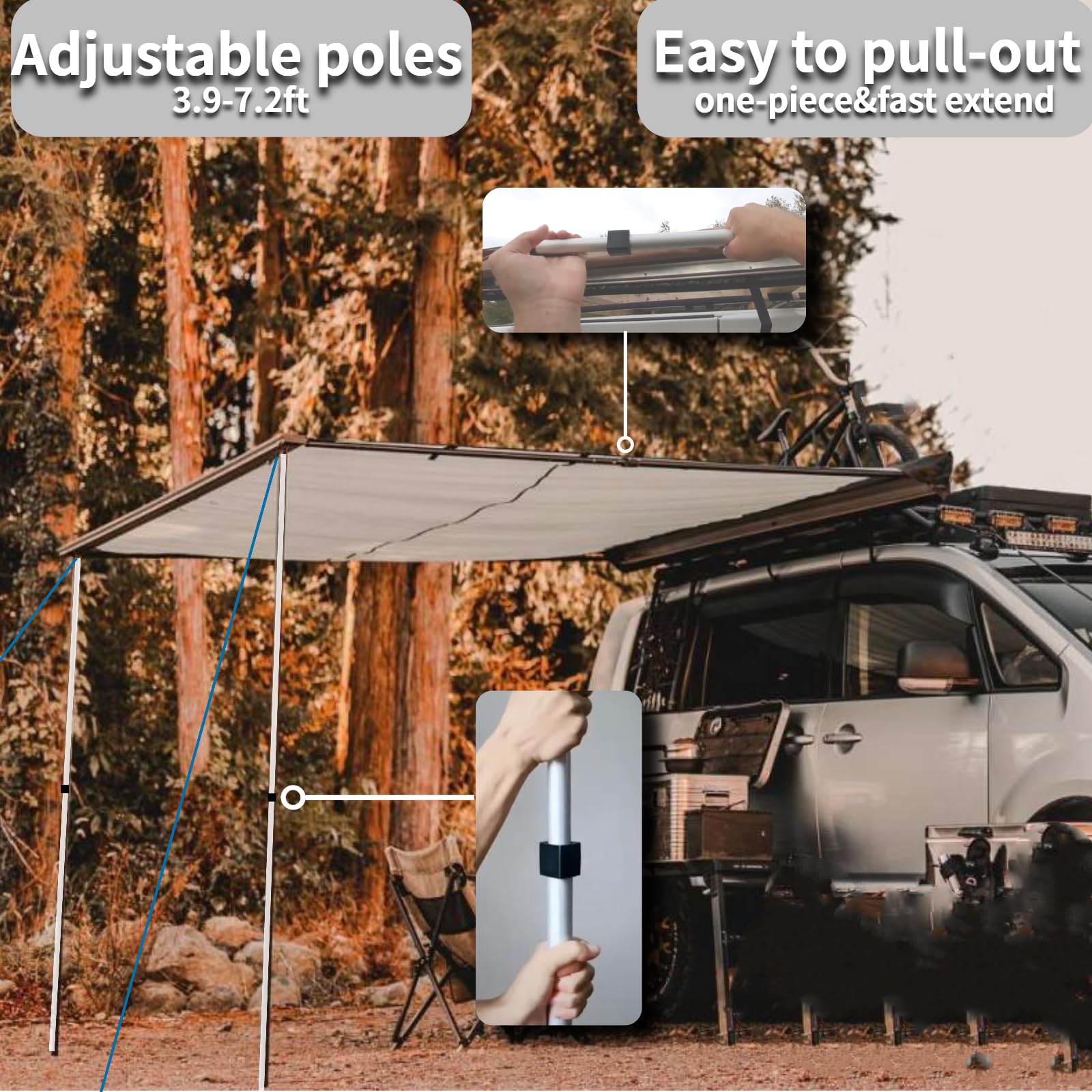 Danchel Outdoor Car Awning, Roof Rack Pull-Out Car Awning Overland, Waterproof Portable Car Side Sun Shelter Tarp For Suv/Truck/Van/Camper, 8.2X9.8Ft Gray