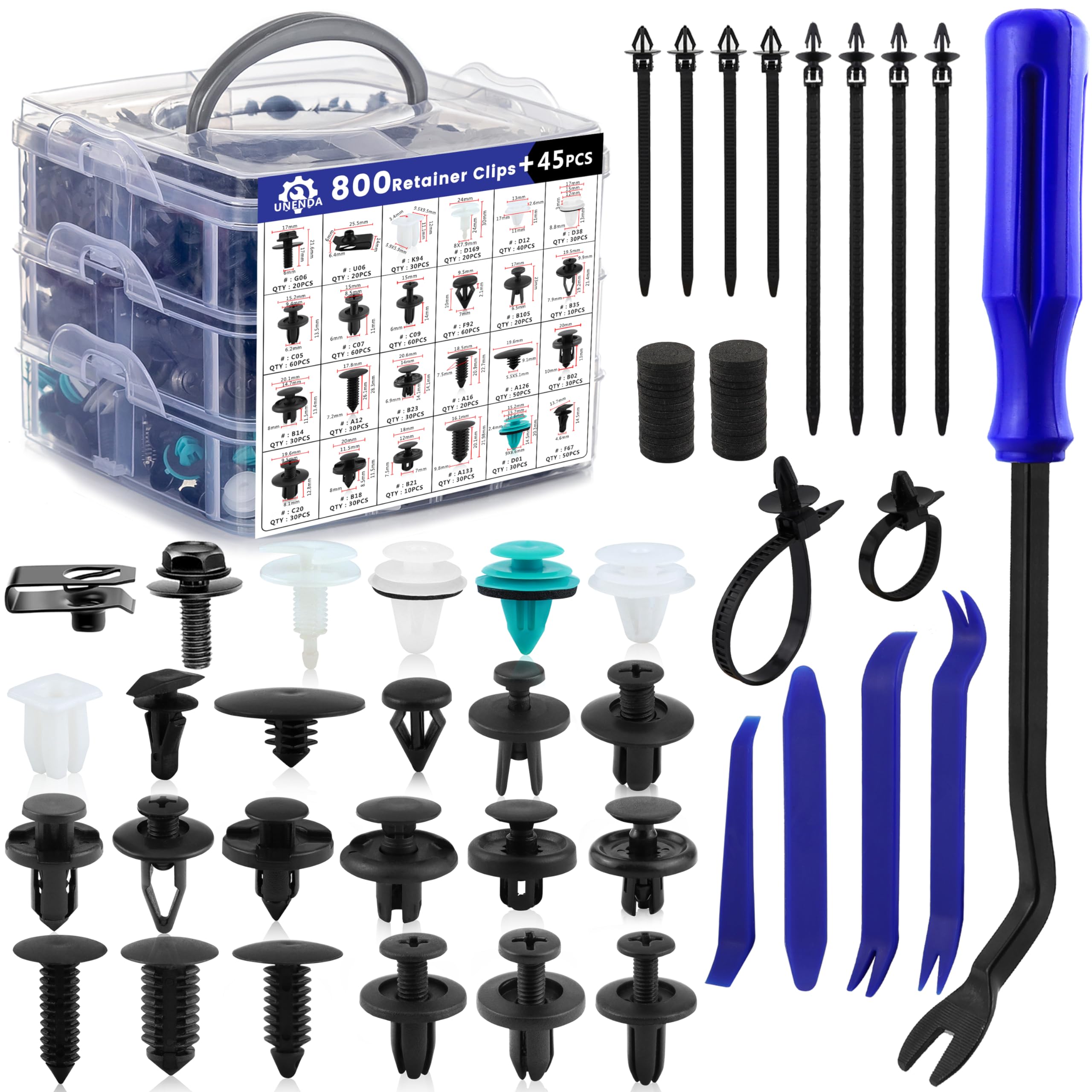 845Pcs Car Push Retainer Clips & Auto Fasteners Assortment-24 Most Popular Sizes Nylon Bumper Fender Rivets With 10 Cable Ties And Blue Fastener Remover For Ford Gm Toyota Honda Chrysler Benz Nissan