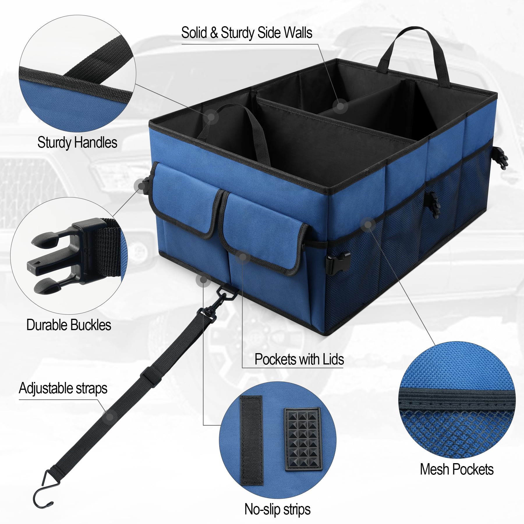 UYYE Auto Collapsible Trunk Organizer, 3 Large Compartments and 6 Pockets Durable for Cargo Storage, Easy to Storage Tools With