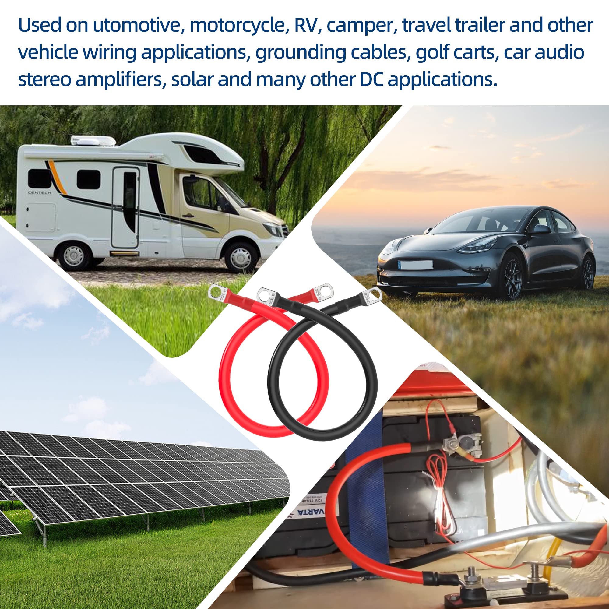 2 Awg Battery Cable 2 Gauge Battery Inverter Cables With 3/8 In Lugs Pure Copper Power Inverter Wire Set For Solar Marine Boat R