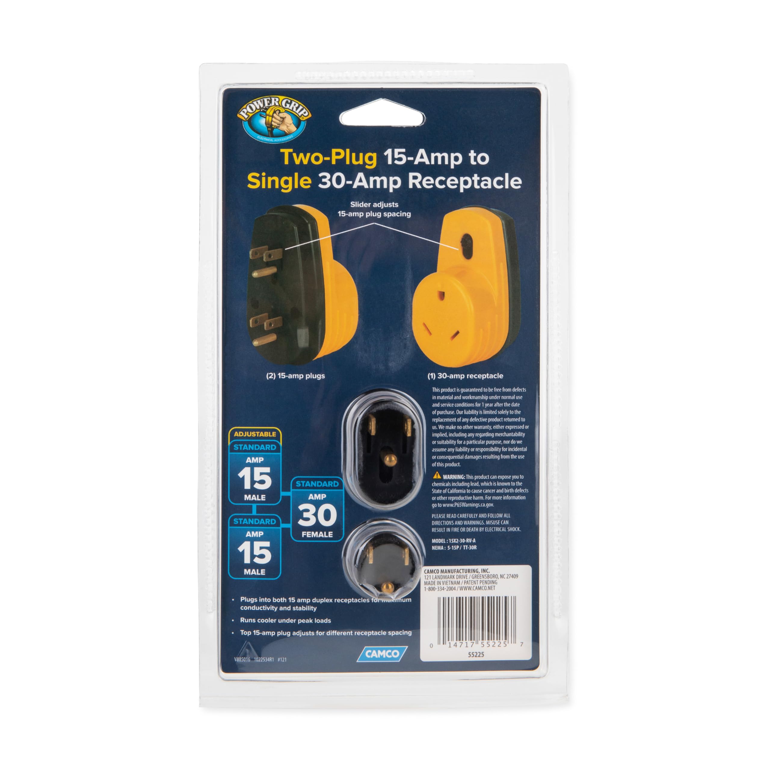 Camco 55225 Power Grip RV 125 Volt 1875 Watt Two Plug 15 Amp to Single 30 Amp Adapter Converter with Adjustable Top Plug for Duplex Outlets