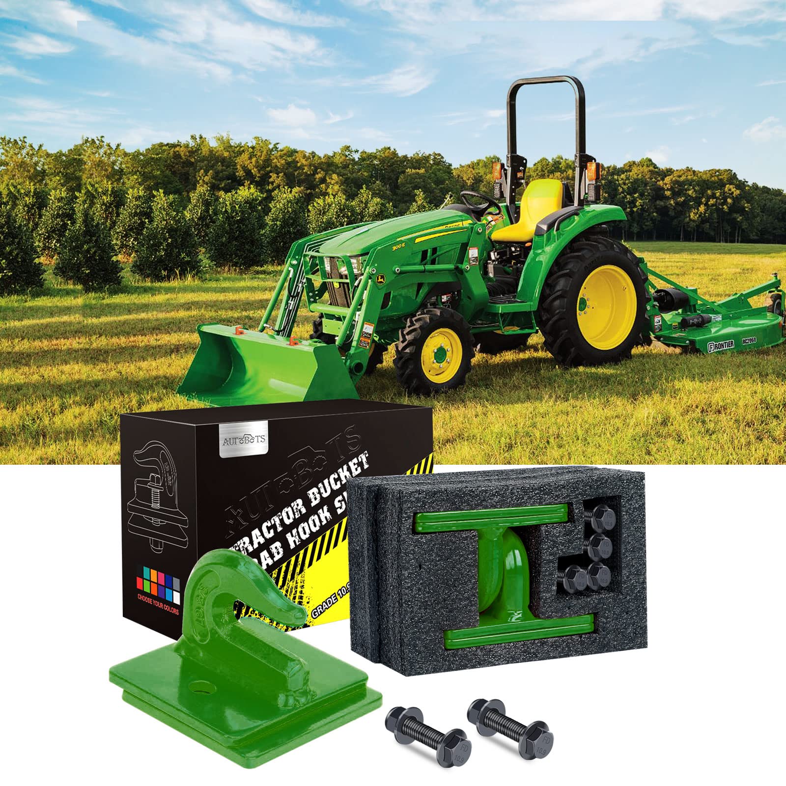 AUTOBOTS Heavy Duty Tractor Bucket Hooks 3/8 (2 Pack), Max 15,000 lbs, Bolt-On Grab Tow Hooks, Dark Green Accessories for RV, UTV, Truck