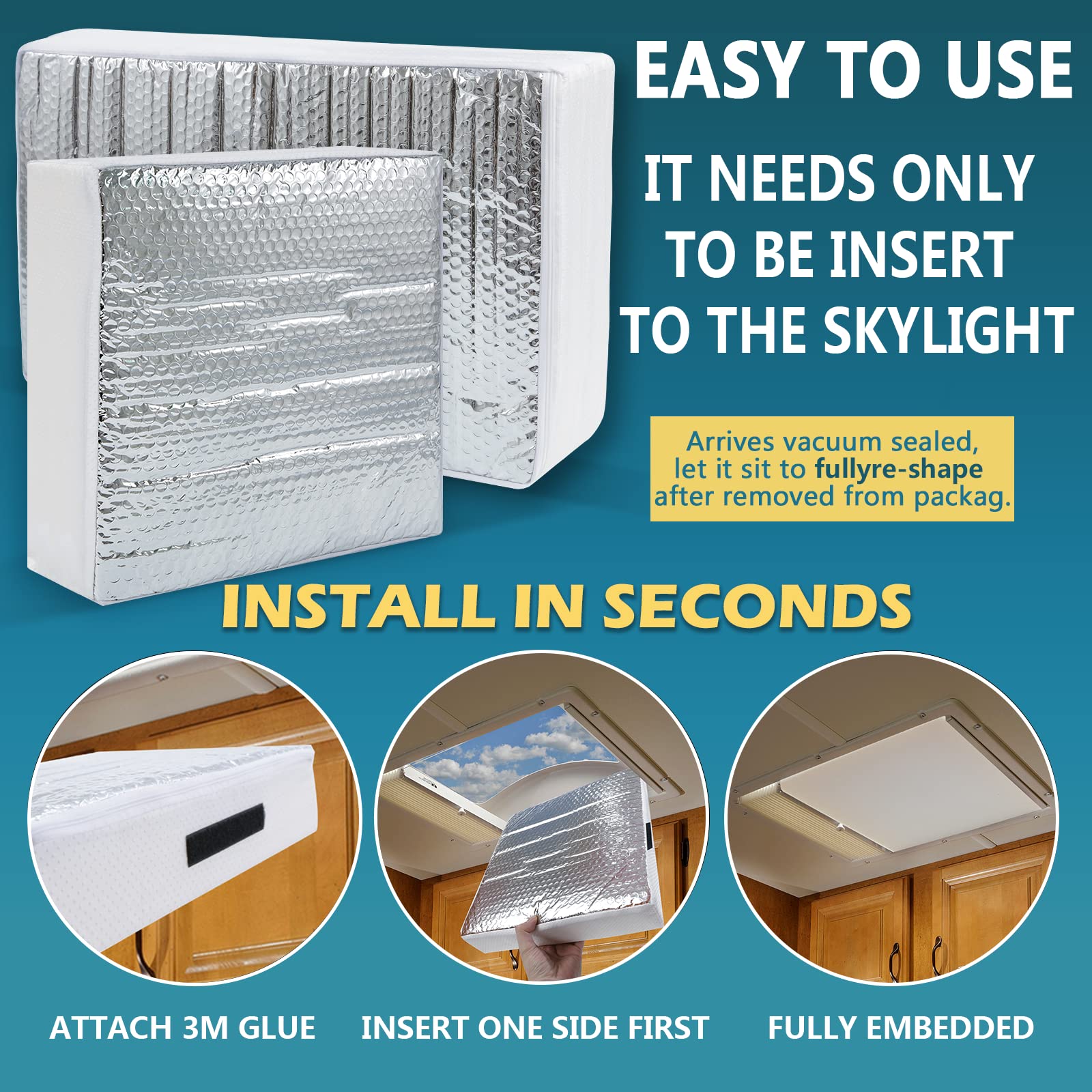 Sikadeer Rv Vent Insulator 22''X14''X3'', Universal Skylight Cover With Reflective Surface, Shade For Energy Savings, Sunroof Fi