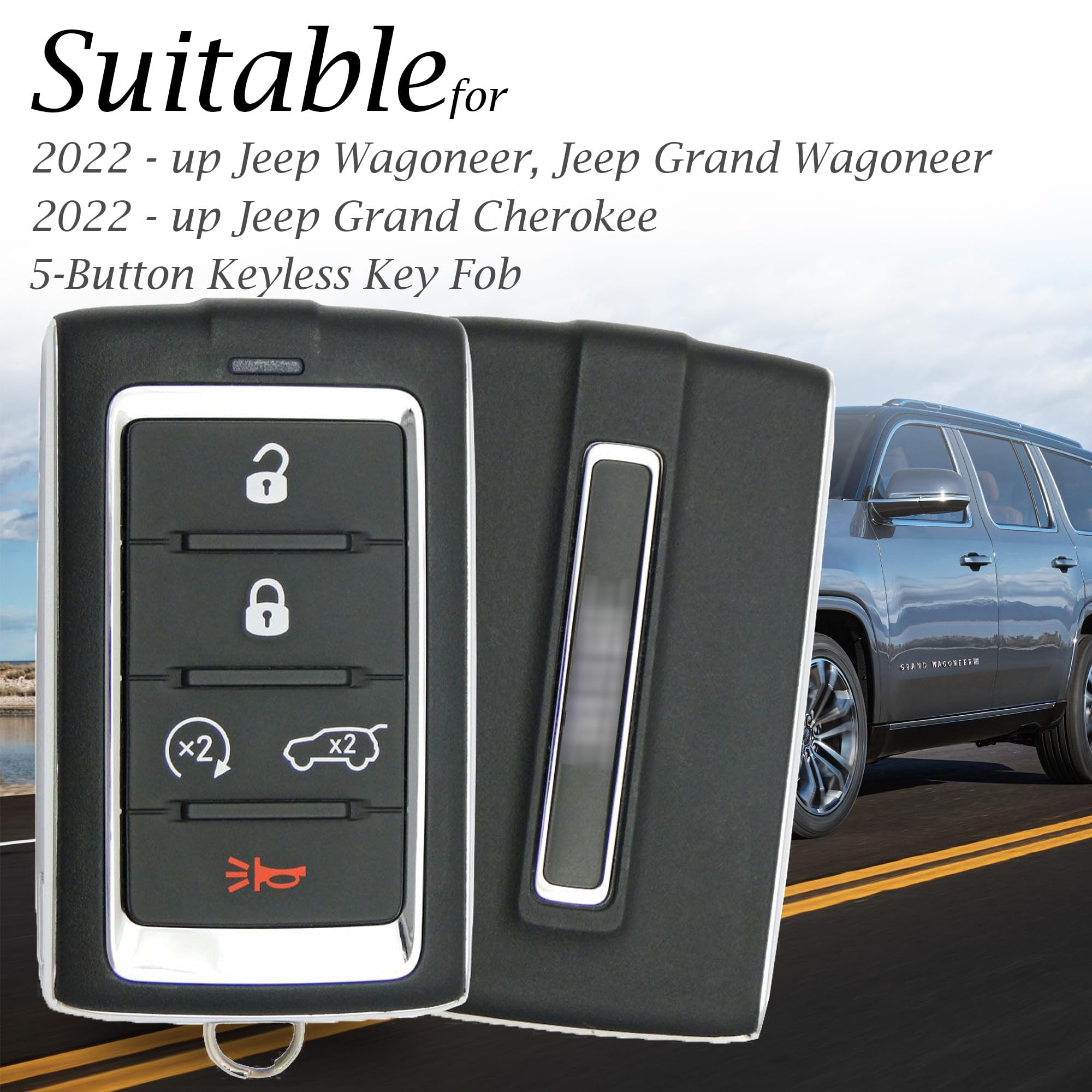 Vitodeco Black Genuine Leather Key Fob Case for Jeep Wagoneer, Grand Wagoneer, Grand Cherokee 2023 - 5-Button Design