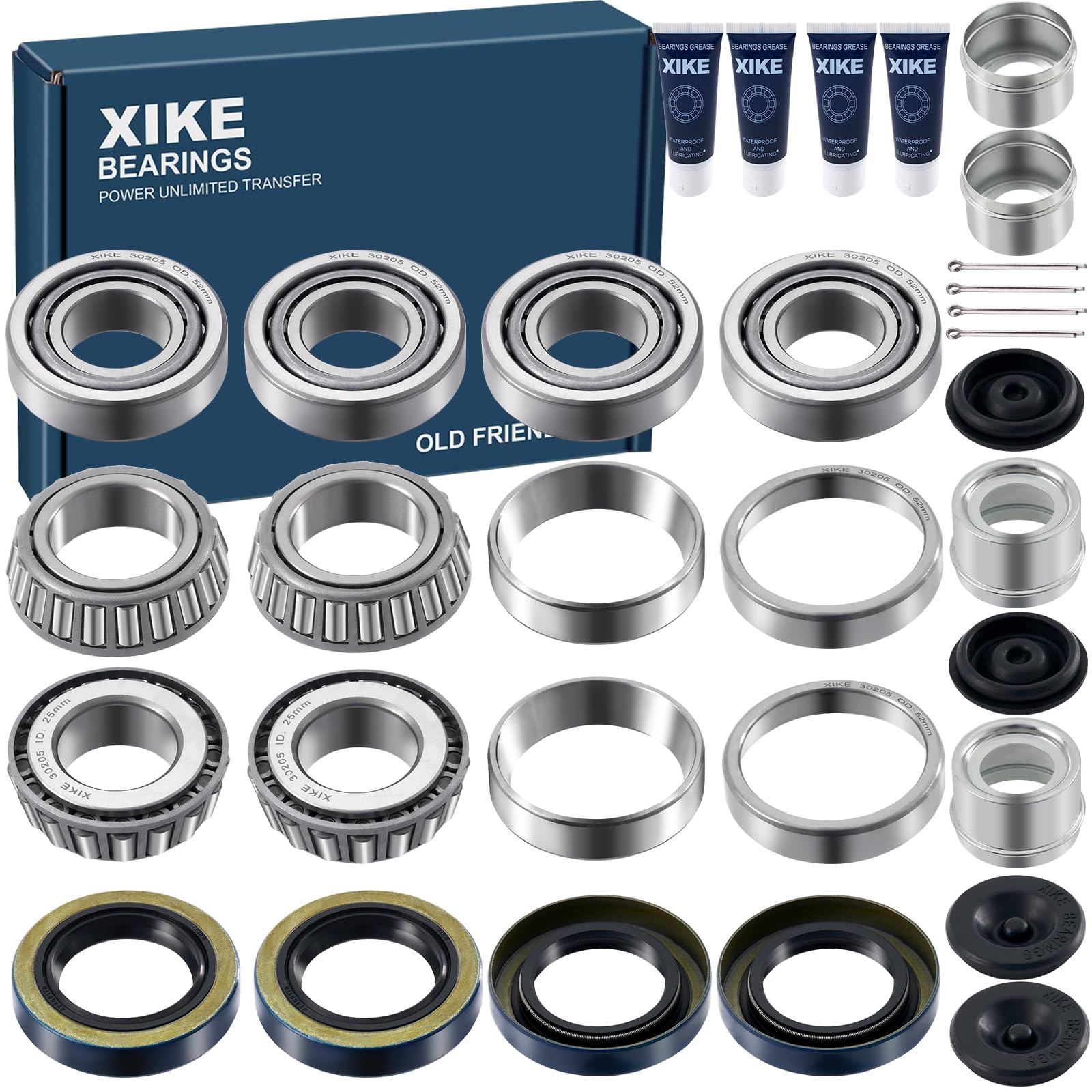 XiKe 4 Set Fits 25mm Axles Trailer Wheel Hub Kit, 30205 Bearings, 473551TB Seal, OD 52mm Dust Cover and Cotter Pin.