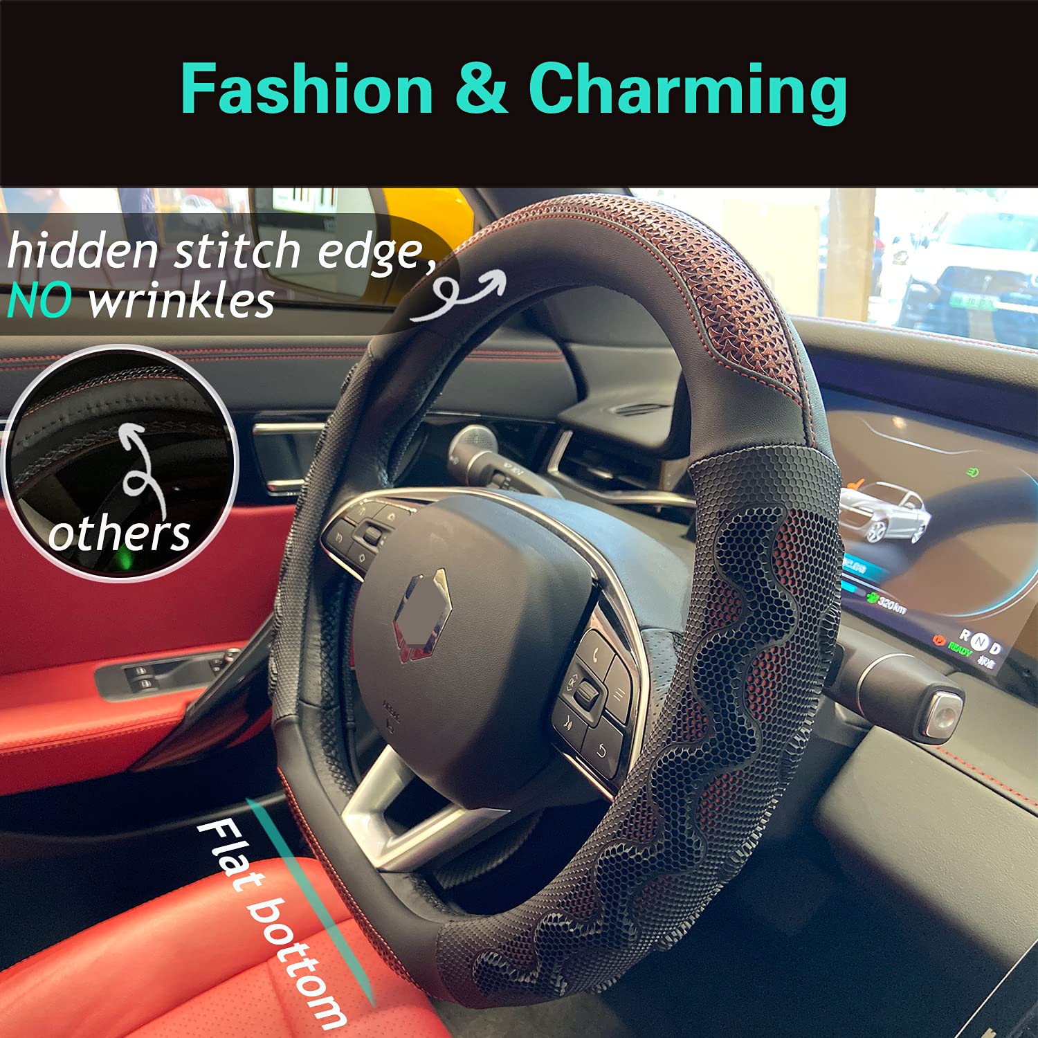 Pinctrot D Shaped 14.5-15 Inch Steering Wheel Cover Great Grip With 3D Honeycomb Anti-Slip Design, Flat Bottom 14.5-15 Inch (Win