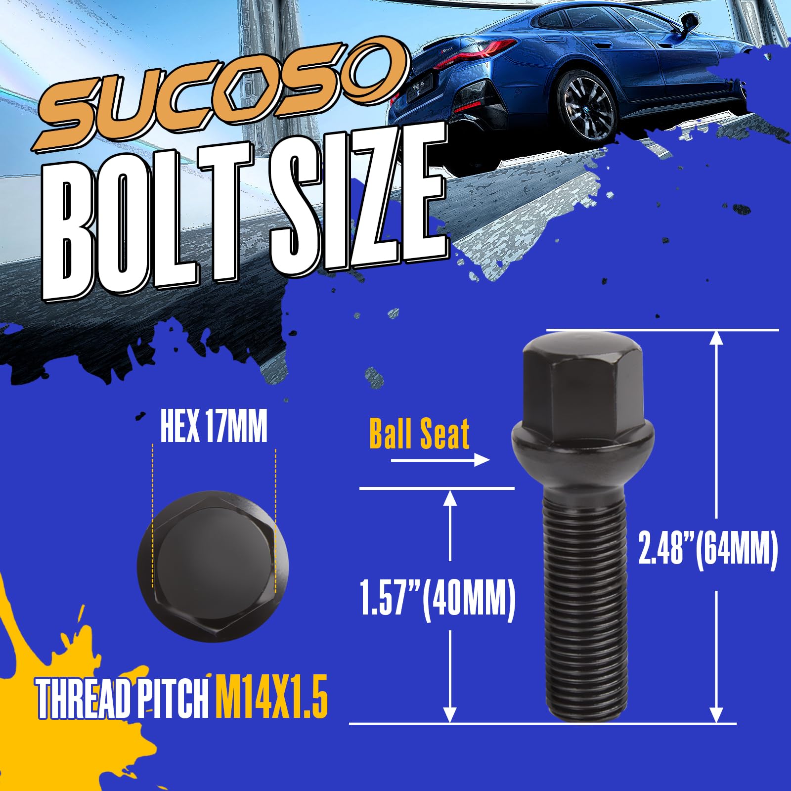 Sucoso 20Pcs 14X1.5 Extended Lug Bolts With 40Mm Shank Length Ball Seat,Aftermarket Wheel Lug Bolts For Spacers,Compatible A3 A4