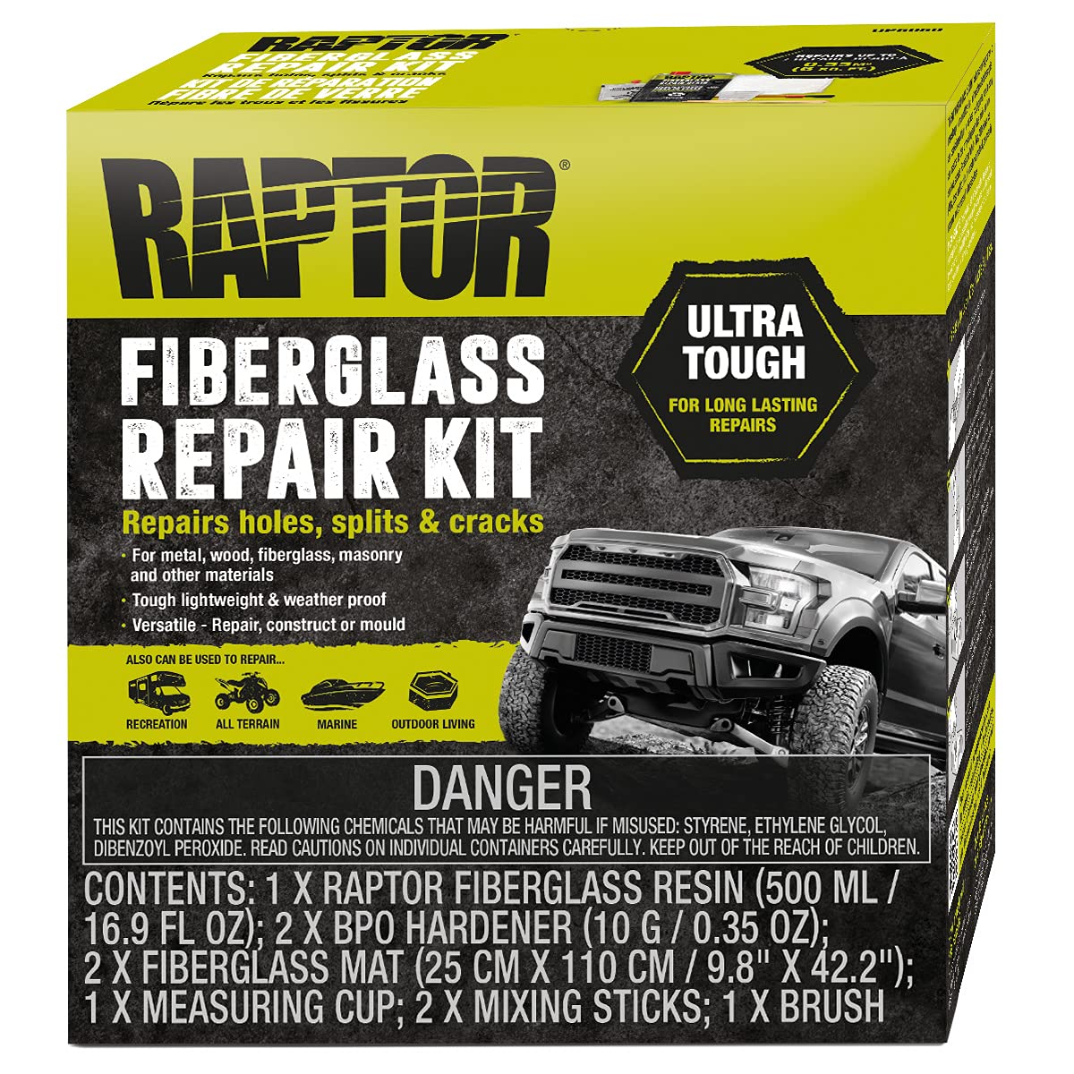 Raptor Fiberglass Repair Kit, All-In-One Automotive & Home Set, Long-Lasting, Durable & Easy To Use