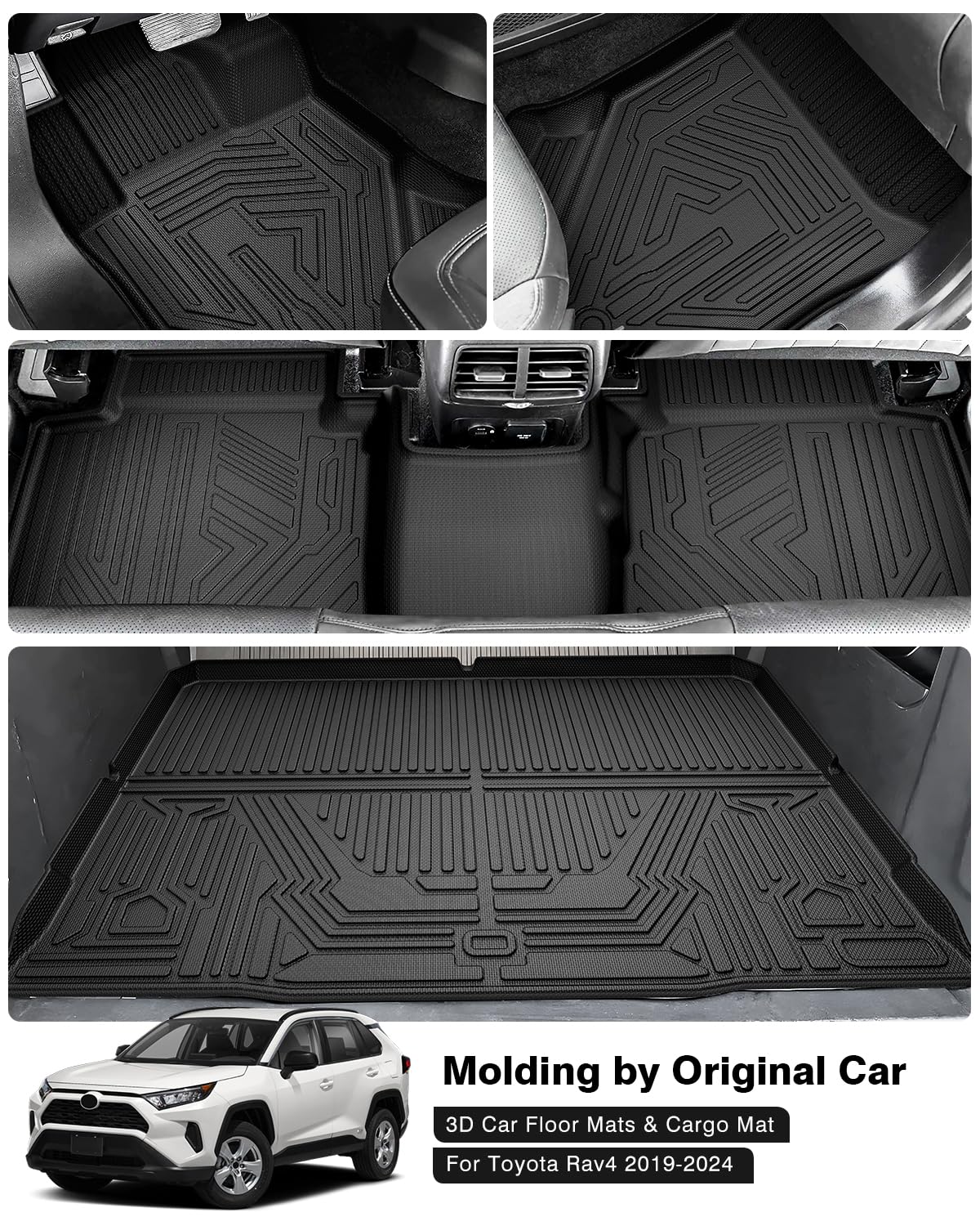 Powerty Floor Mats & Cargo Liner For 2019-2024 2025 Toyota Rav4 Accessories Floor Mats 2 Row Liner Set All Weather Tpe 3D Floor