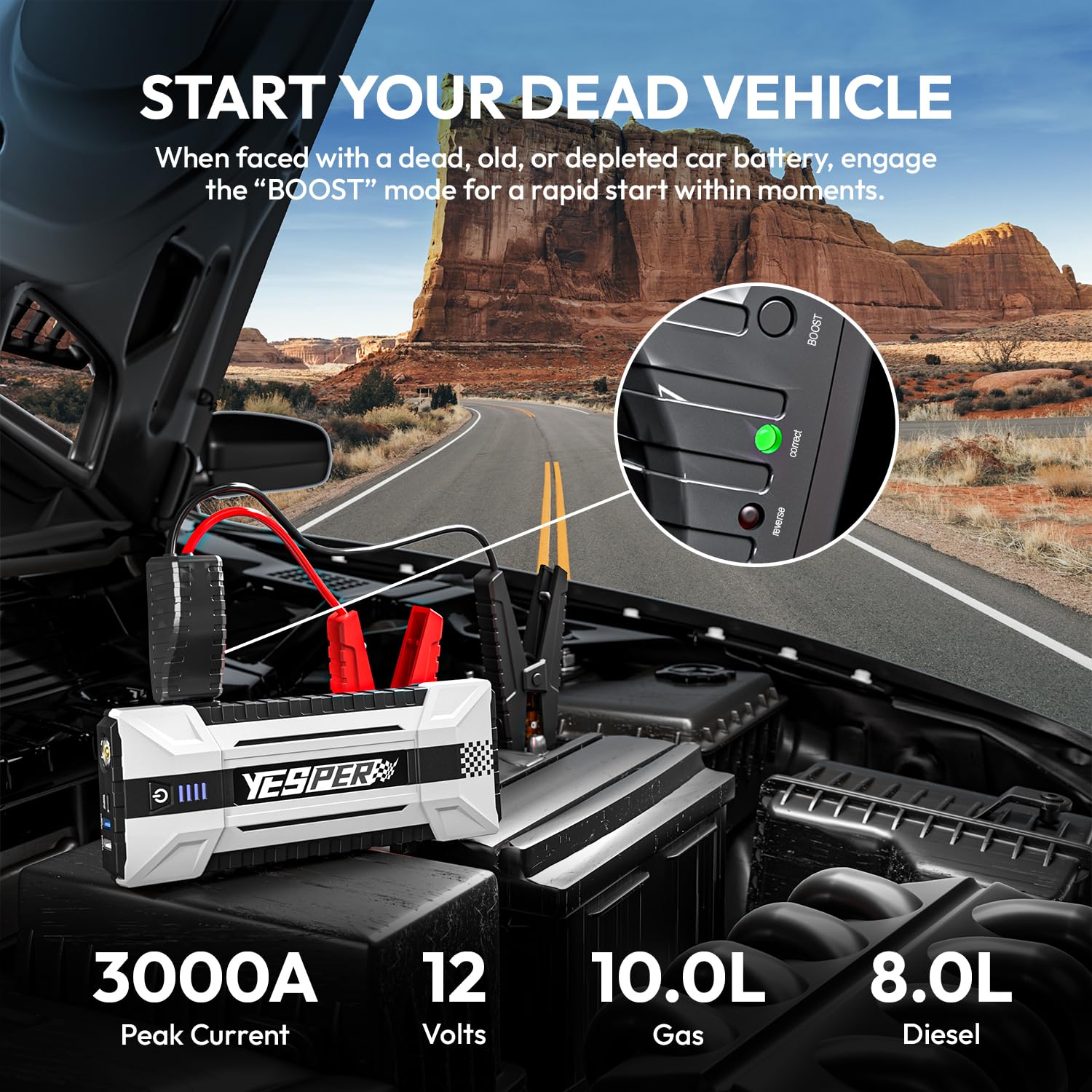 Yesper 2160A Battery Jump Starter Protable, Booster Pack Jump Box For 12V Car (Up To 9.0L Gas/7.0L Diesel Engine), Jumper Cables With Dsli Safe Tech, Dc 15V Port(Real Capacity)