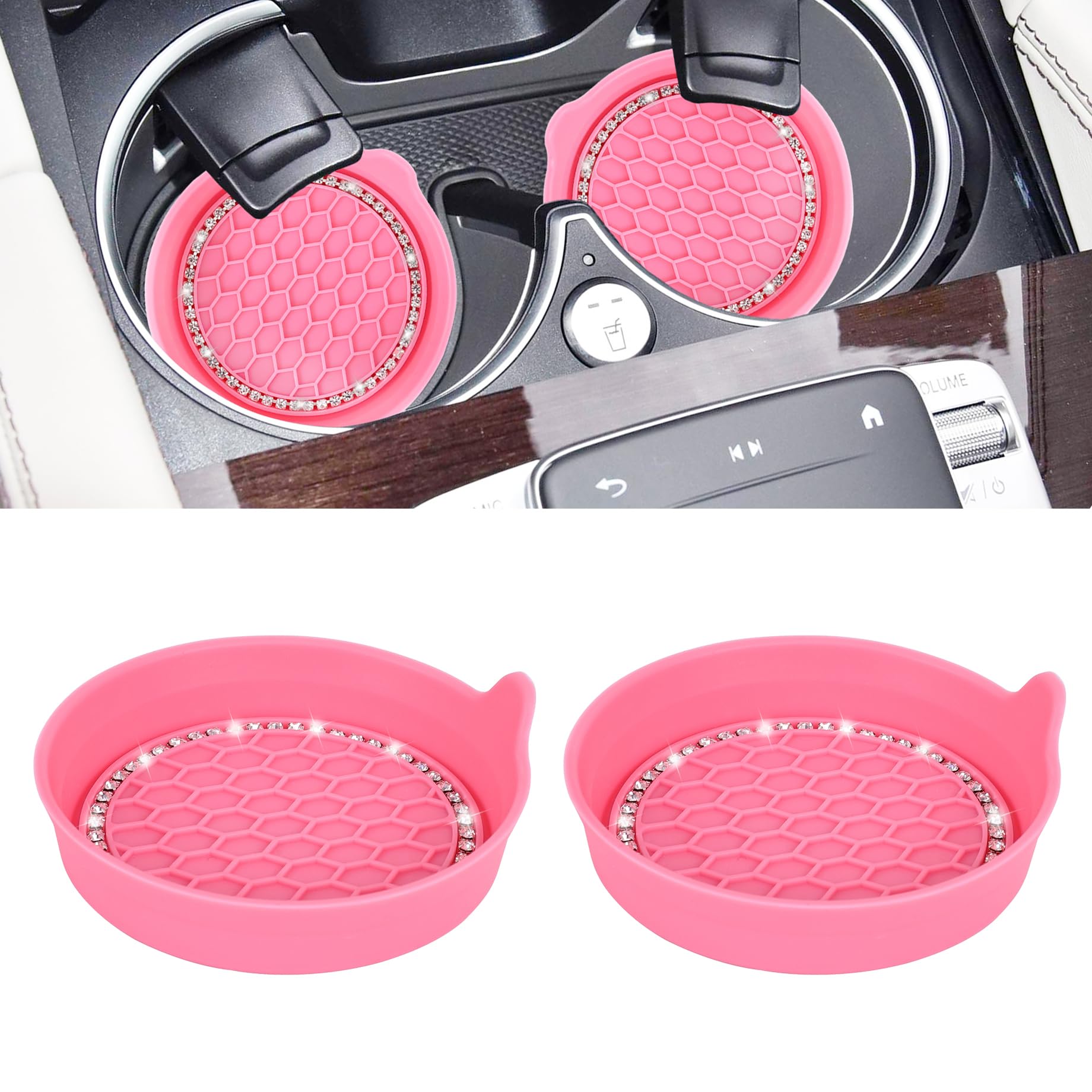 Amooca Car Cup Coaster Universal Non-Slip Cup Holders Bling Crystal Rhinestone Car Interior Accessories 2 Pack Peach Pink