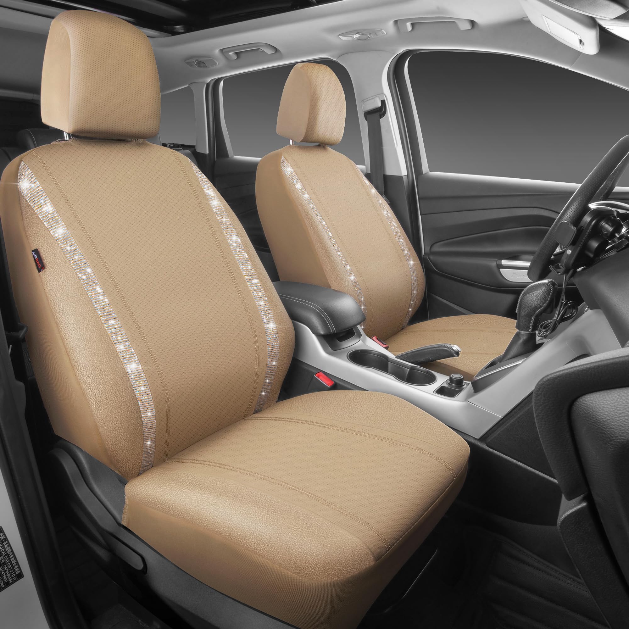 Car Pass Cow Diamond Leather Bling Car Seat Covers Universal, Faux Shining Rhinestones Two Front Only, Fit 95% Automotive Glitte