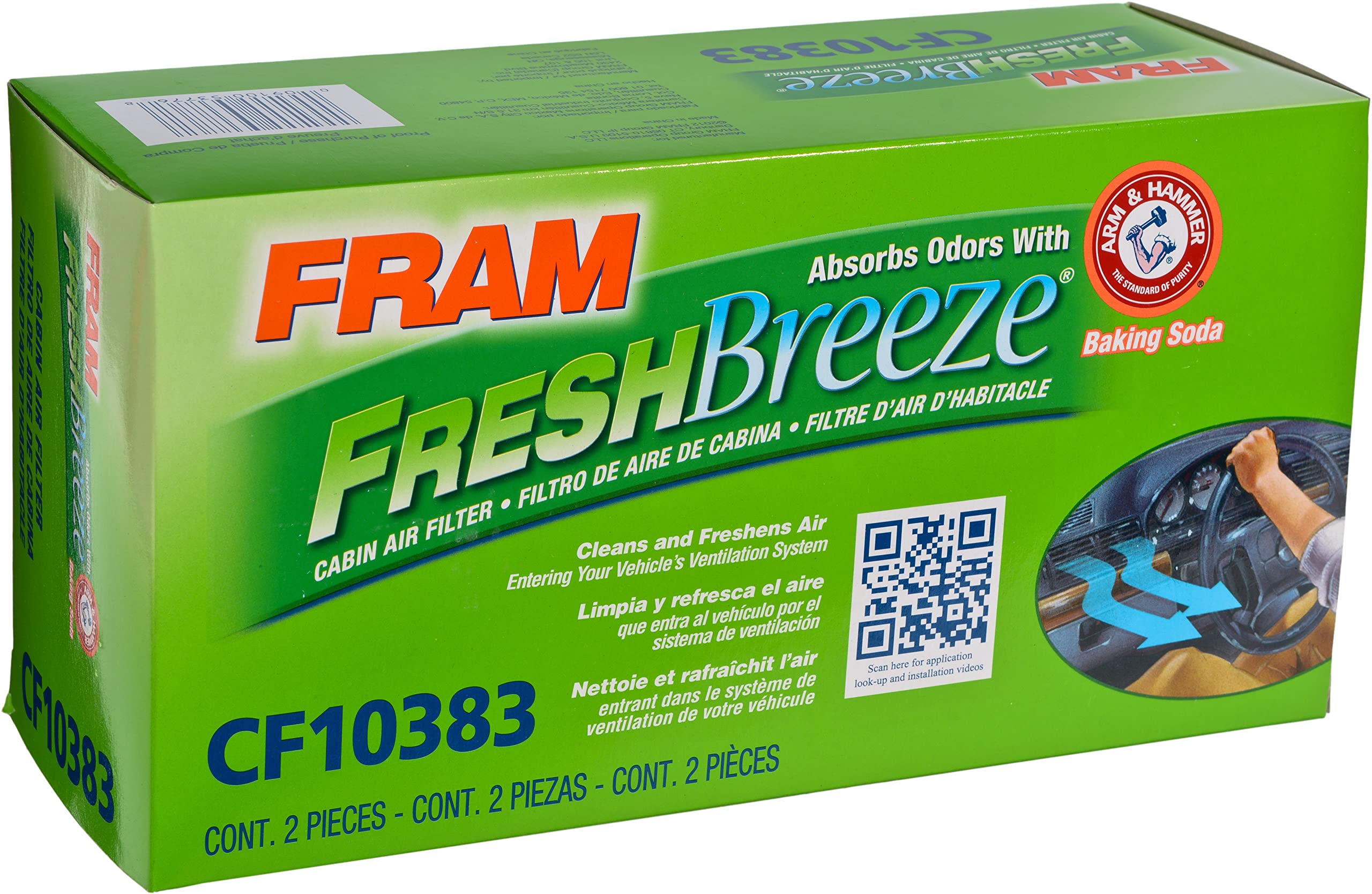 Fram Fresh Breeze Cabin Air Filter Replacement For Car Passenger Compartment W/ Arm And Hammer Baking Soda, Easy Install, Cf1038