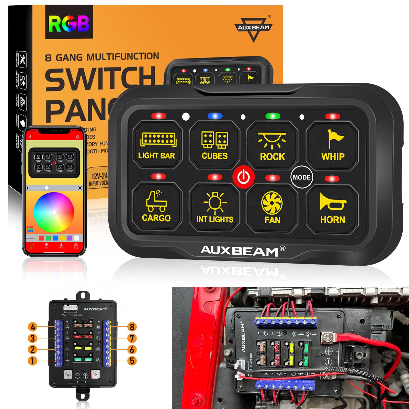 Auxbeam RGB Bluetooth 8 Gang Switch Panel AR-820 Toggle Momentary Pulsed Switch Pod for Truck UTV Offroad Boat Auxiliary LED Lig