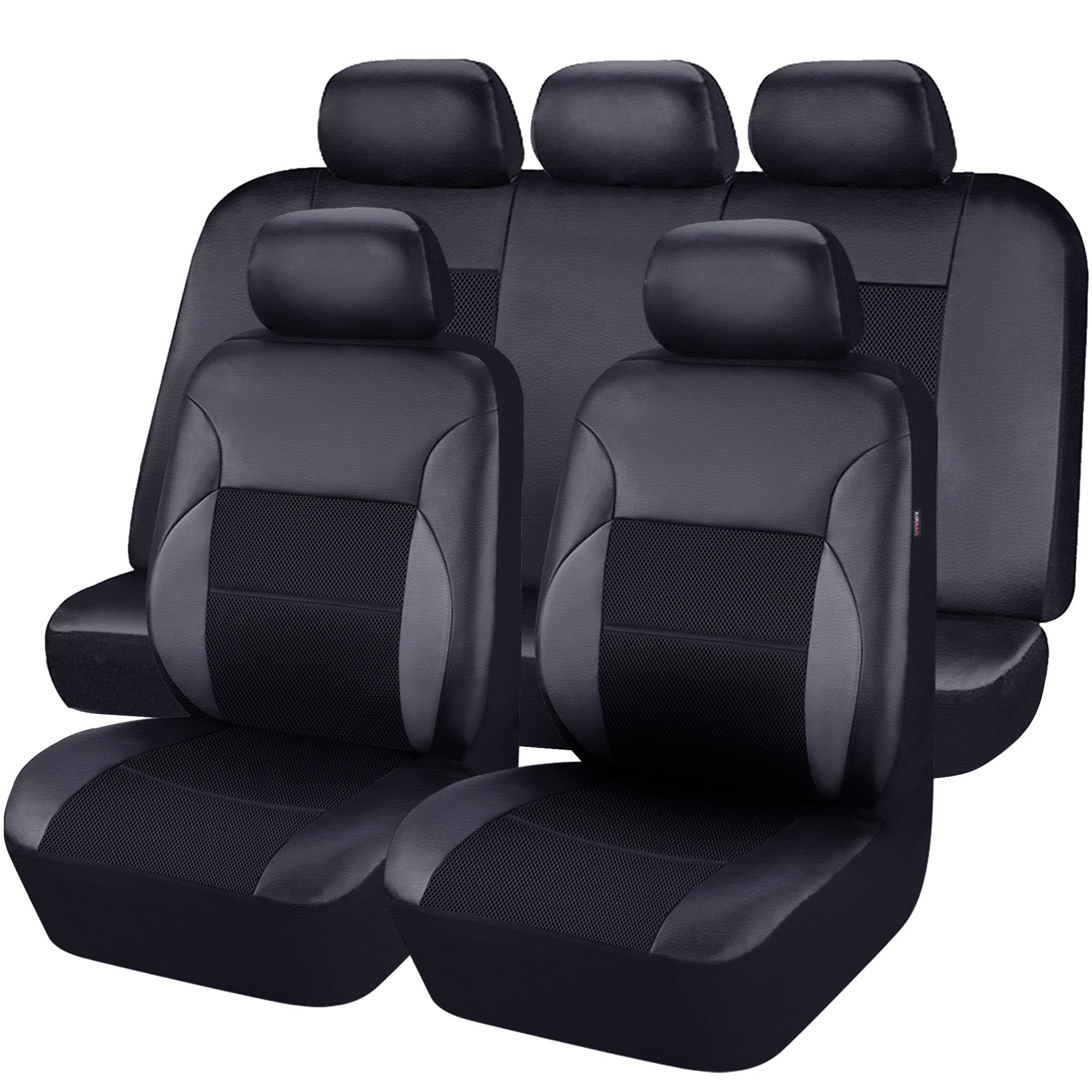 CAR PASS Luxury Leather Air Mesh Seat Covers, Car Seat Cover Full Set Breathable Seat Covers for Cars Universal Fit for Sedan SUVs Trucks with 5mm Composite Sponge, Airbag Compatible (Black)