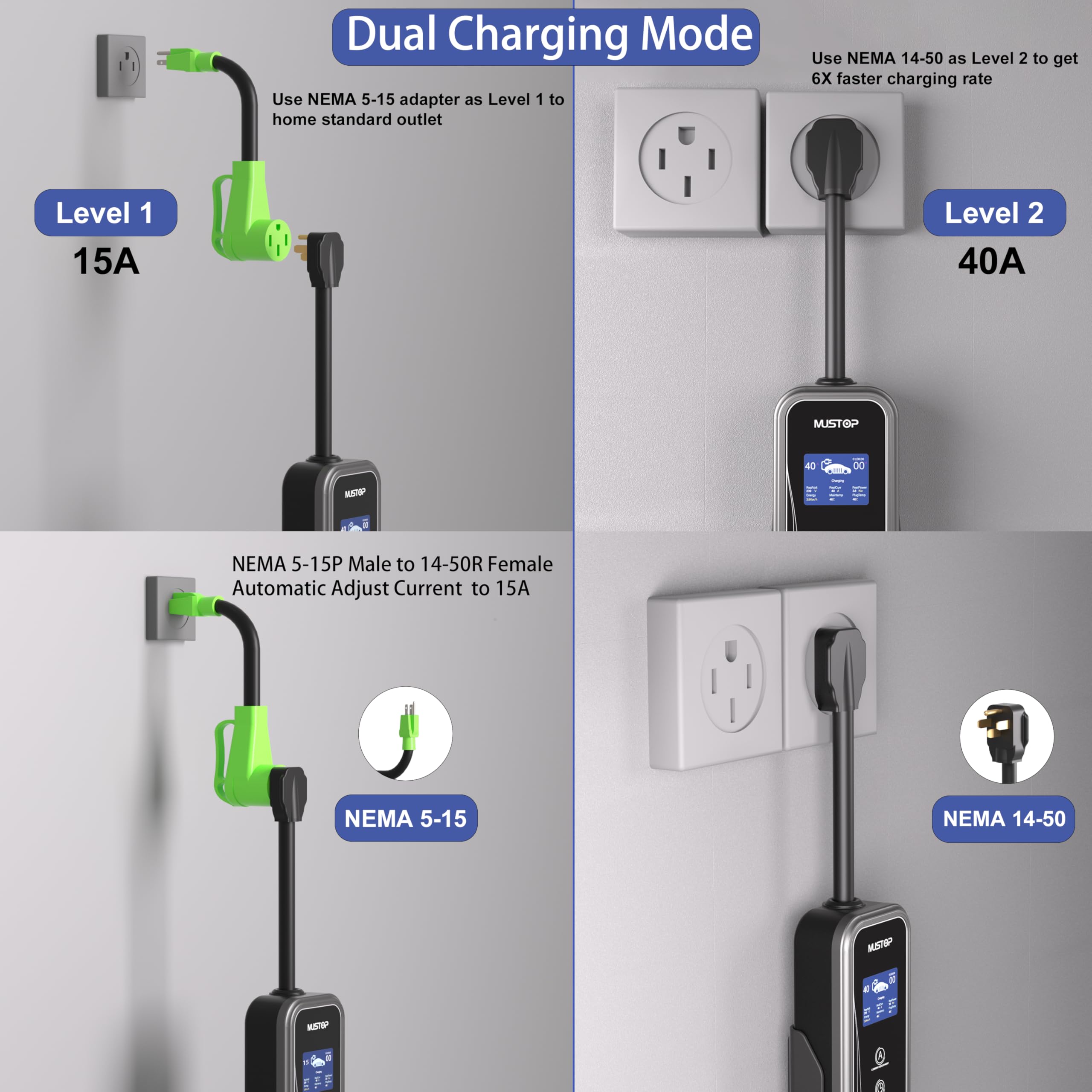 Mustop Level 1 & 2 EV Charger J1772 (40 Amp, 240 Volt, 20ft Cable),ETL Wall Connector Dual Use EV Portable NEMA 14-50 & 5-15 Wi-