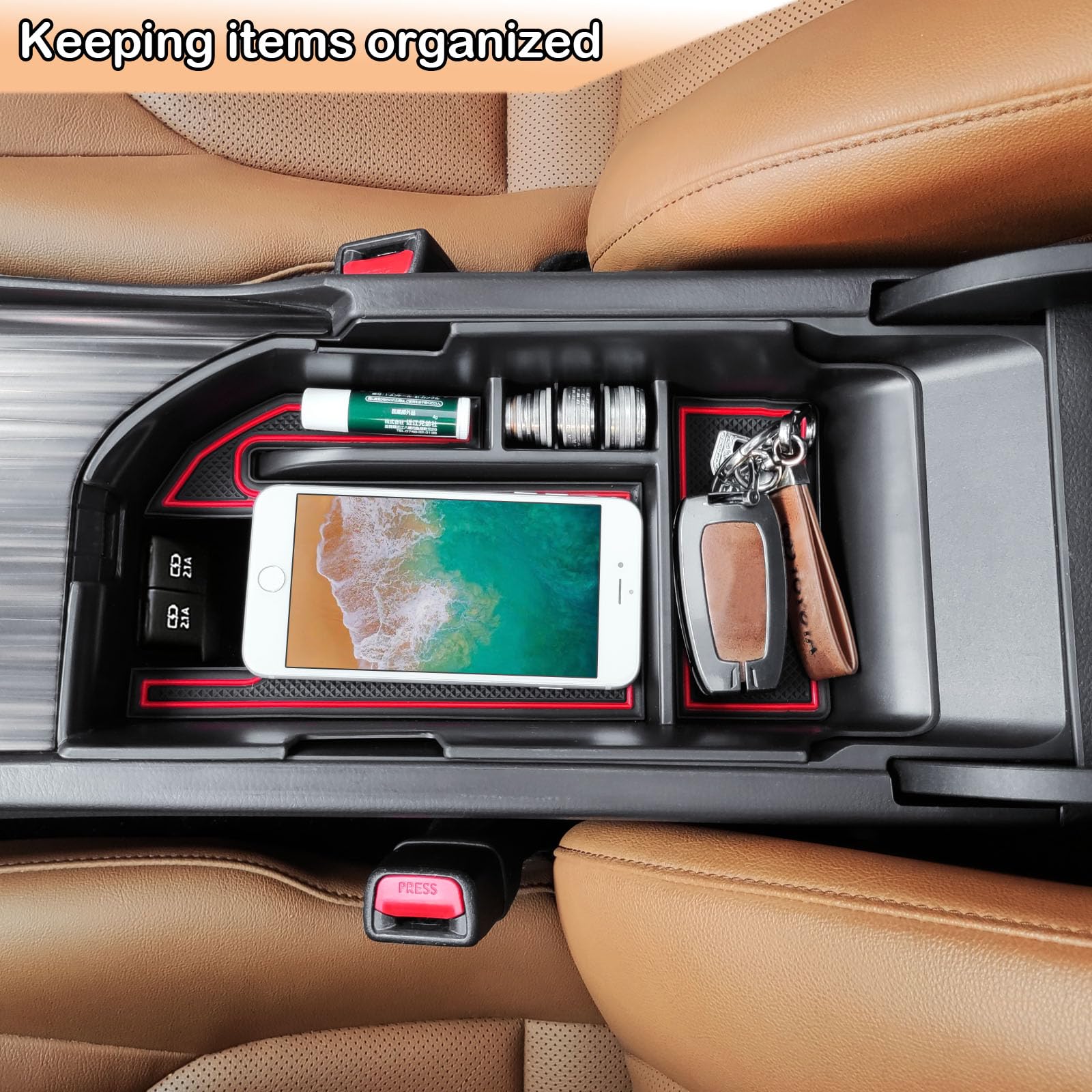 Tacorbo Center Console Organizer Compatible With Camry Xle Xse 2018-2022 2023 And Camry Le Se 2020 2021-22 2023 Insert Tray Accessories, Armrest Secondary Storage Box, Fit Dual Usb Ports, Red Trim