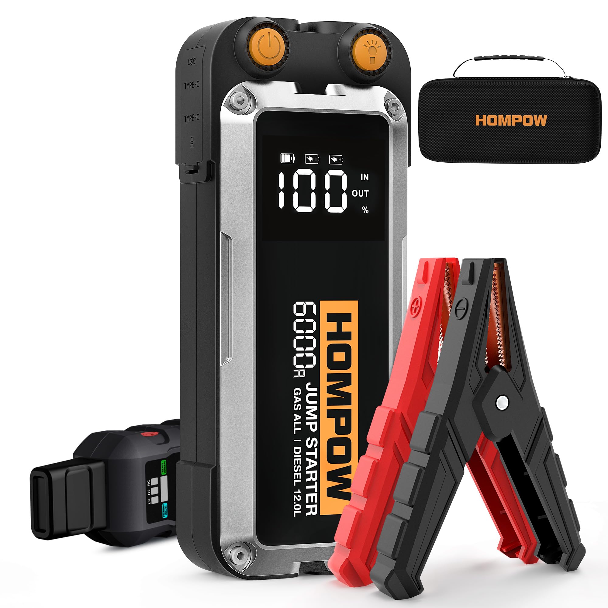 Hompow Jump Starter, 6000A Peak Portable 12V Car Battery Charger For All Gas And Up To 12L Diesel Engine, 28000Mah Jump Box With Led Light, Usb, And Lcd Screen