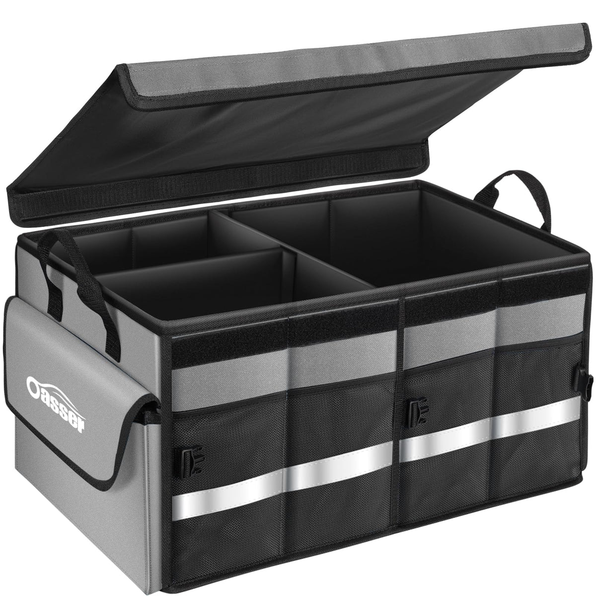 Oasser Car Trunk Organizer Collapsible Multi Compartments Suv Trunk Organizer With Reflective Strip Foldable Cover (Standard, Gr