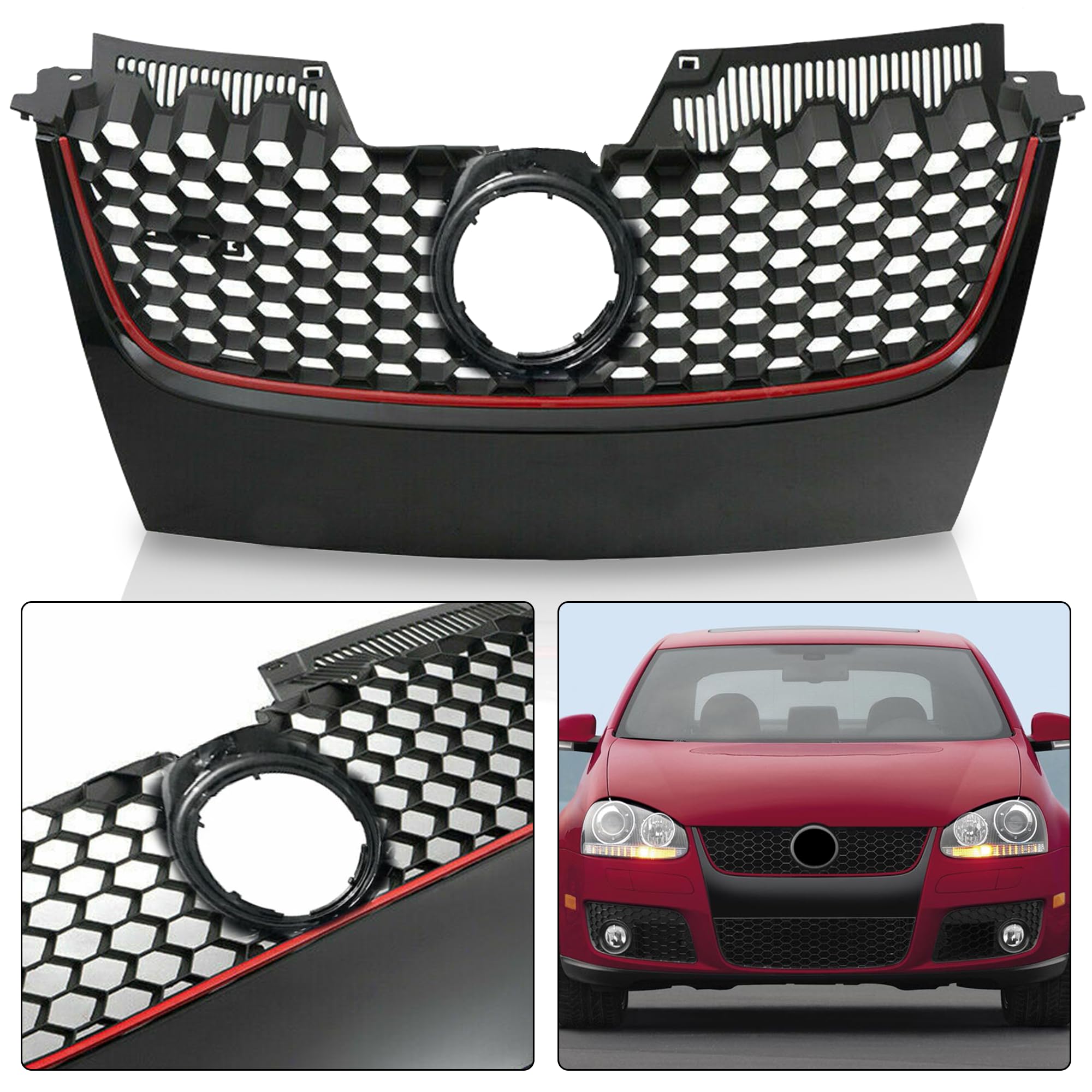 Partsflow Front Upper Main Black W/Red Trim Mesh Grille For 2006 2007 2008 2009 Volkswagen VW GTI For 2006 2007 2008 2009 Volksw