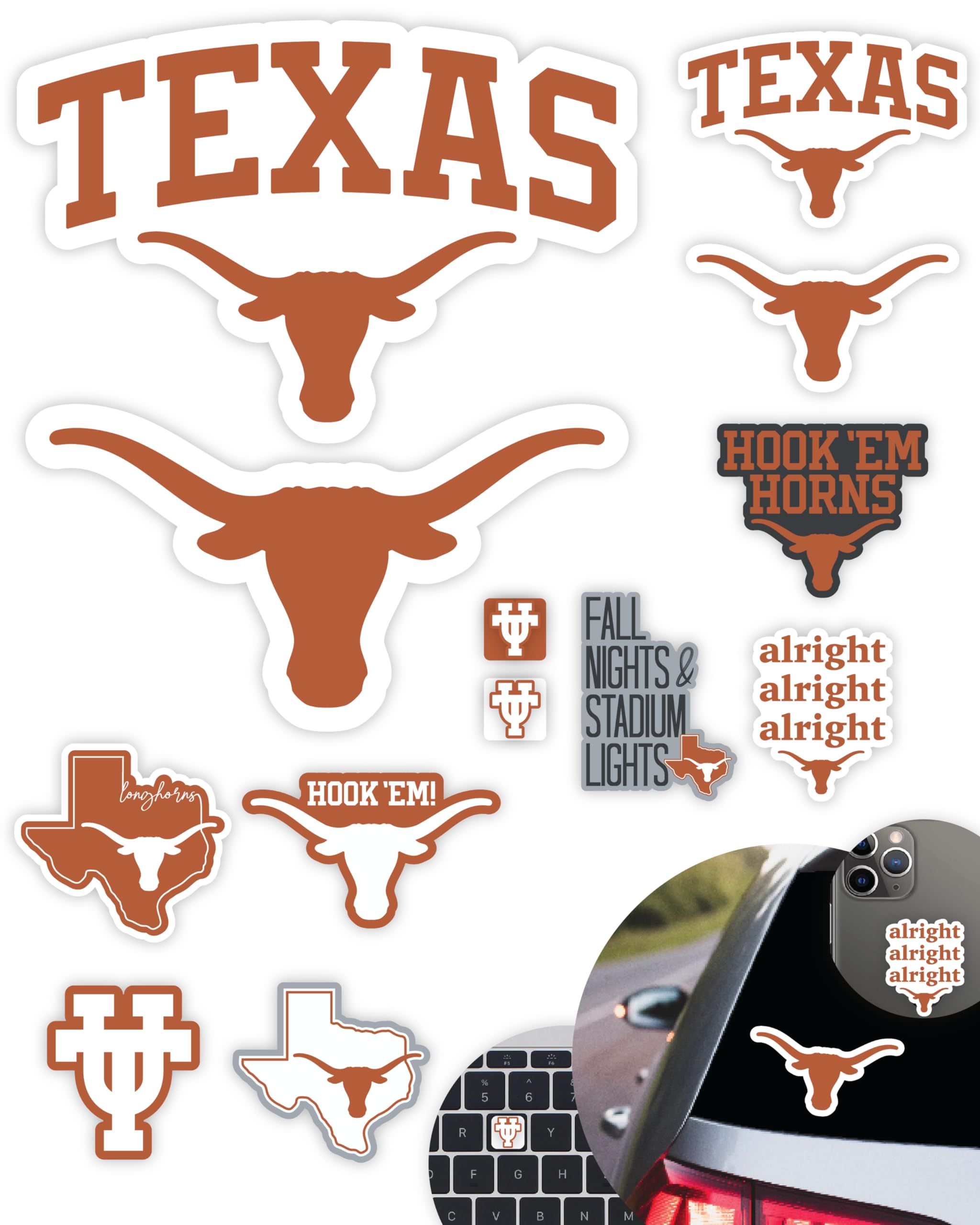 University Of Texas Stickers (14 Stickers) 2 Large 5'' For Car Windows, 10 Medium 2'' For Water Bottles Phones, 2 Mini Keyboard 