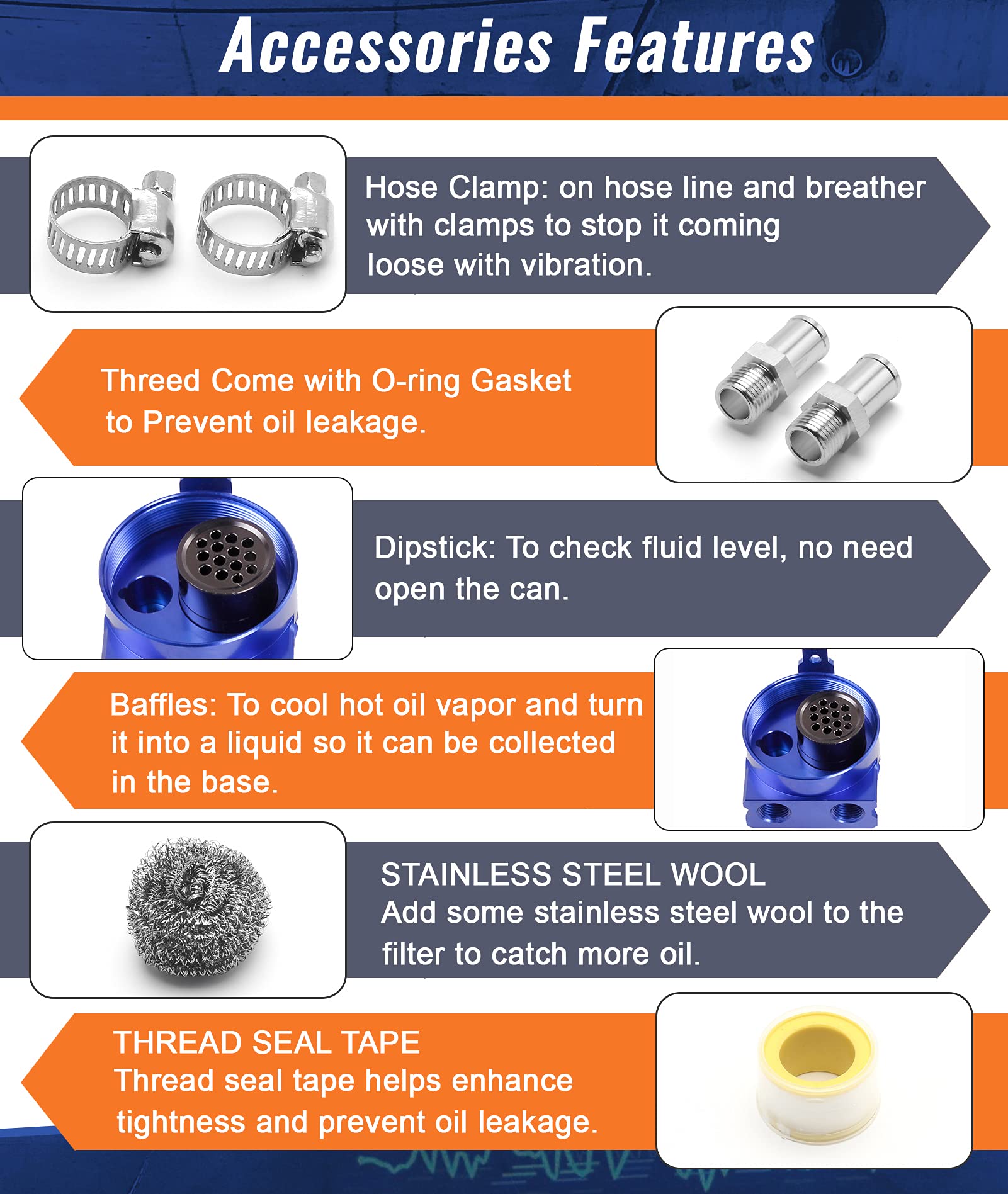 Muge Racing Universal Oil Catch Can Tank Kit Polish Baffled Reservoir With Breather Filter With 3/8'' Fuel Line, Aluminum, Blue,