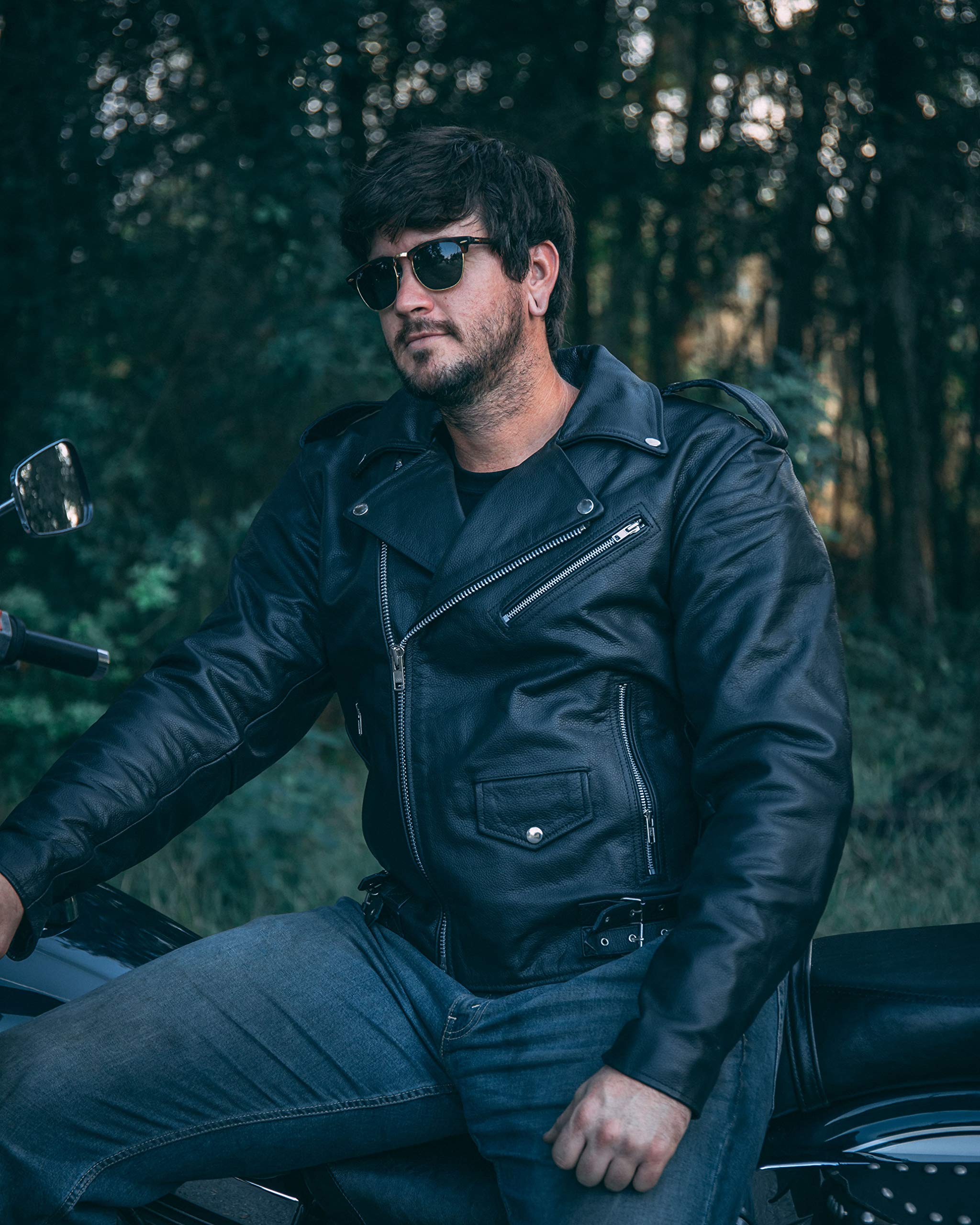 HWK Brando Leather Motorcycle Jacket - Black, Large, Genuine Leather, Removable CE Armor, Thermal Lining, Weather Resistant
