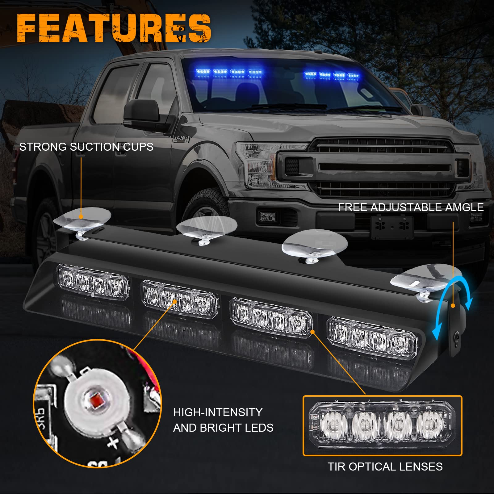 XRIDONSEN Emergency Dash Strobe Lights, Blue 2x14 inch, ABS Material, Suction Cup Mount for Police, Ambulance, Trucks