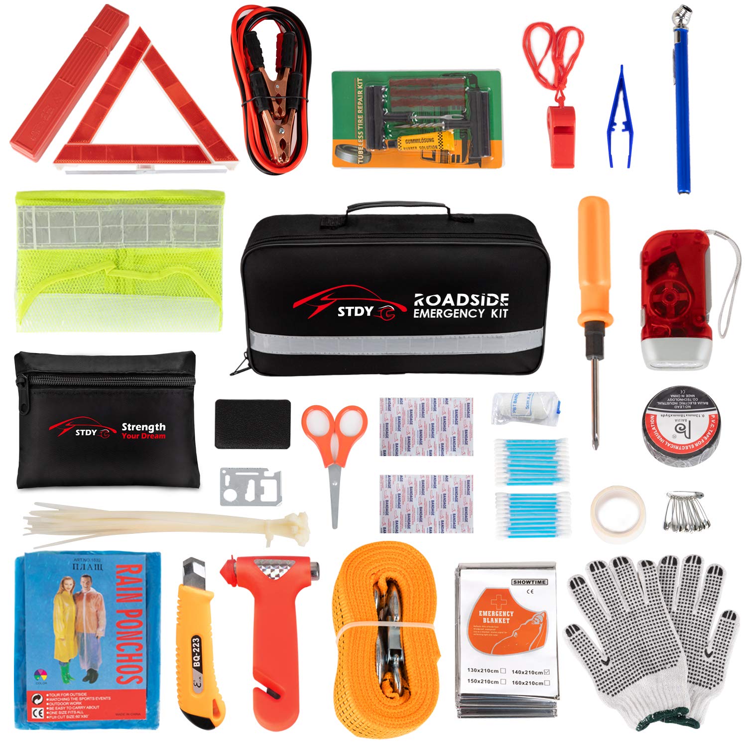 Stdy Car Roadside Emergency Kit, Auto Vehicle Truck Safety Emergency Road Side Assistance Kits With Jumper Cables, First Aid Kit