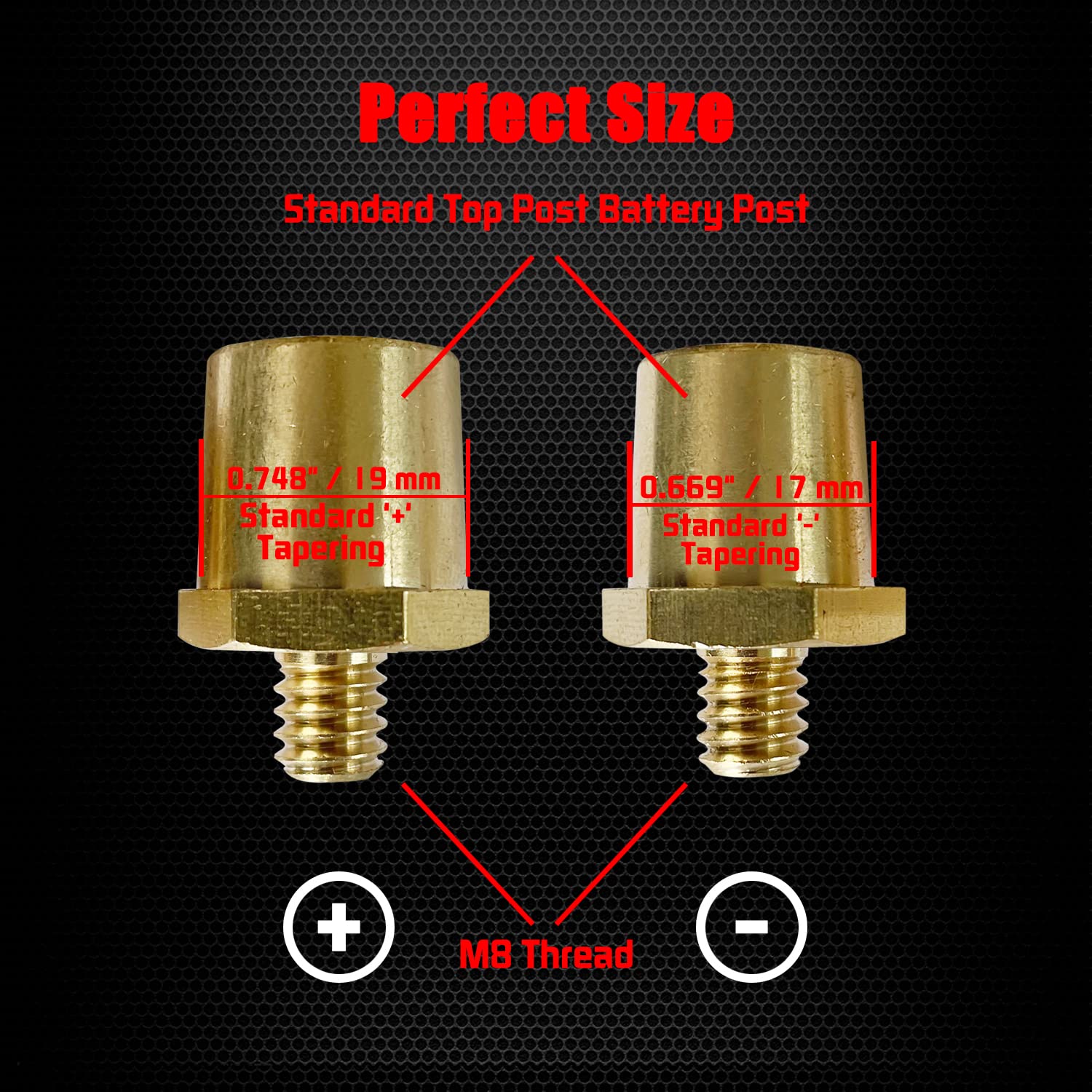 Ampper M8 Thread Male Brass Battery Terminal Charging Posts, M8 Battery Post Adapter (+/-) For Extension, Pack Of 2