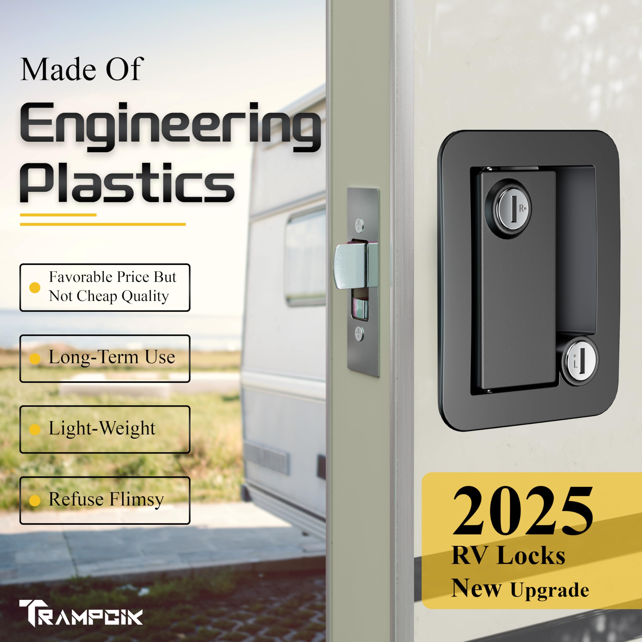 Trampgik Rv Door Lock Set, For Camper,Travel Trailer Entrance Front Door,1 Plastic Camper Door Lock + 2Pcs Storage Locks, 7/8 In