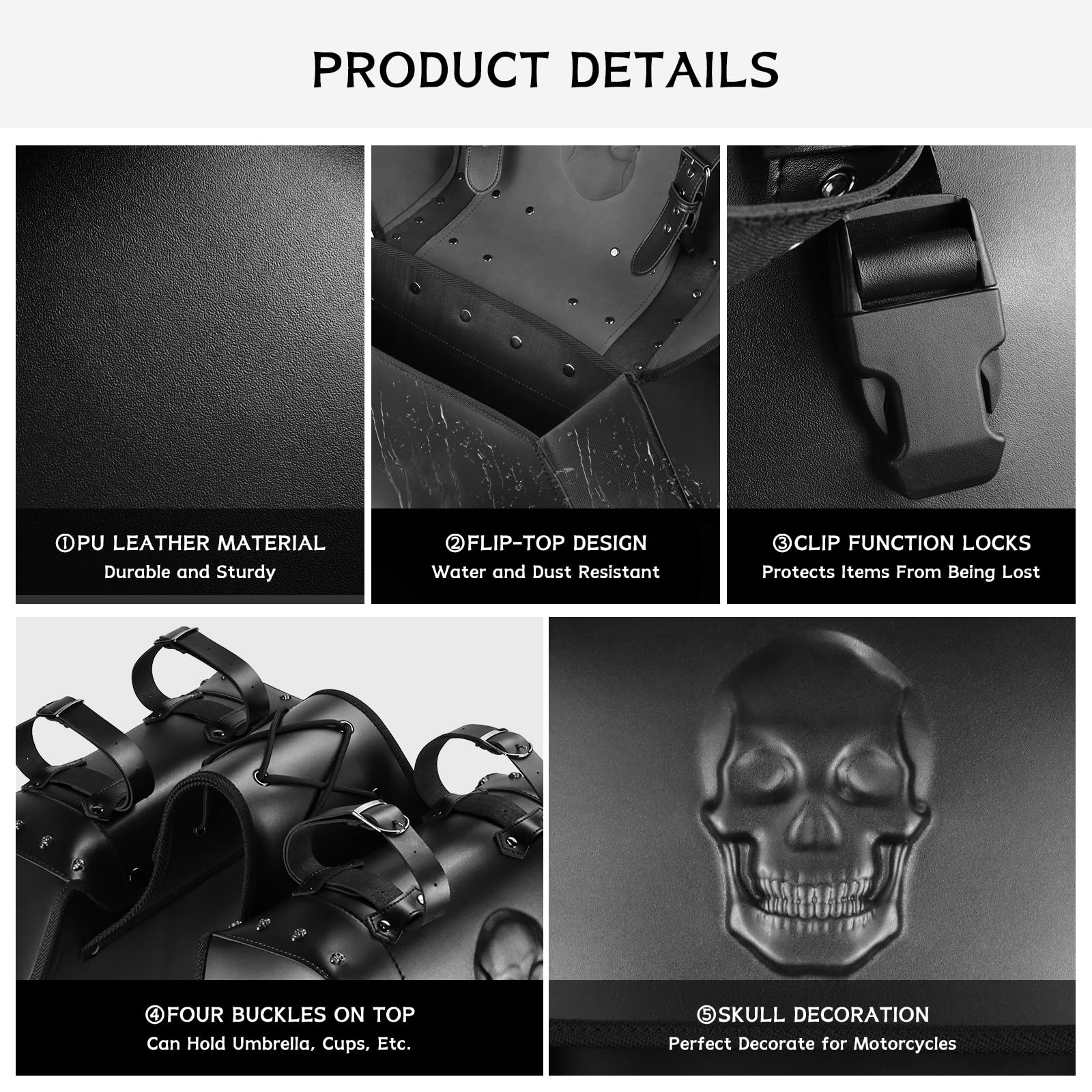 Quixofiber Motorcycle Saddle Bags - 34L Large Capacity, PU Leather, Waterproof, Black, Universal Fit for Harley, Honda, Yamaha, Kawasaki