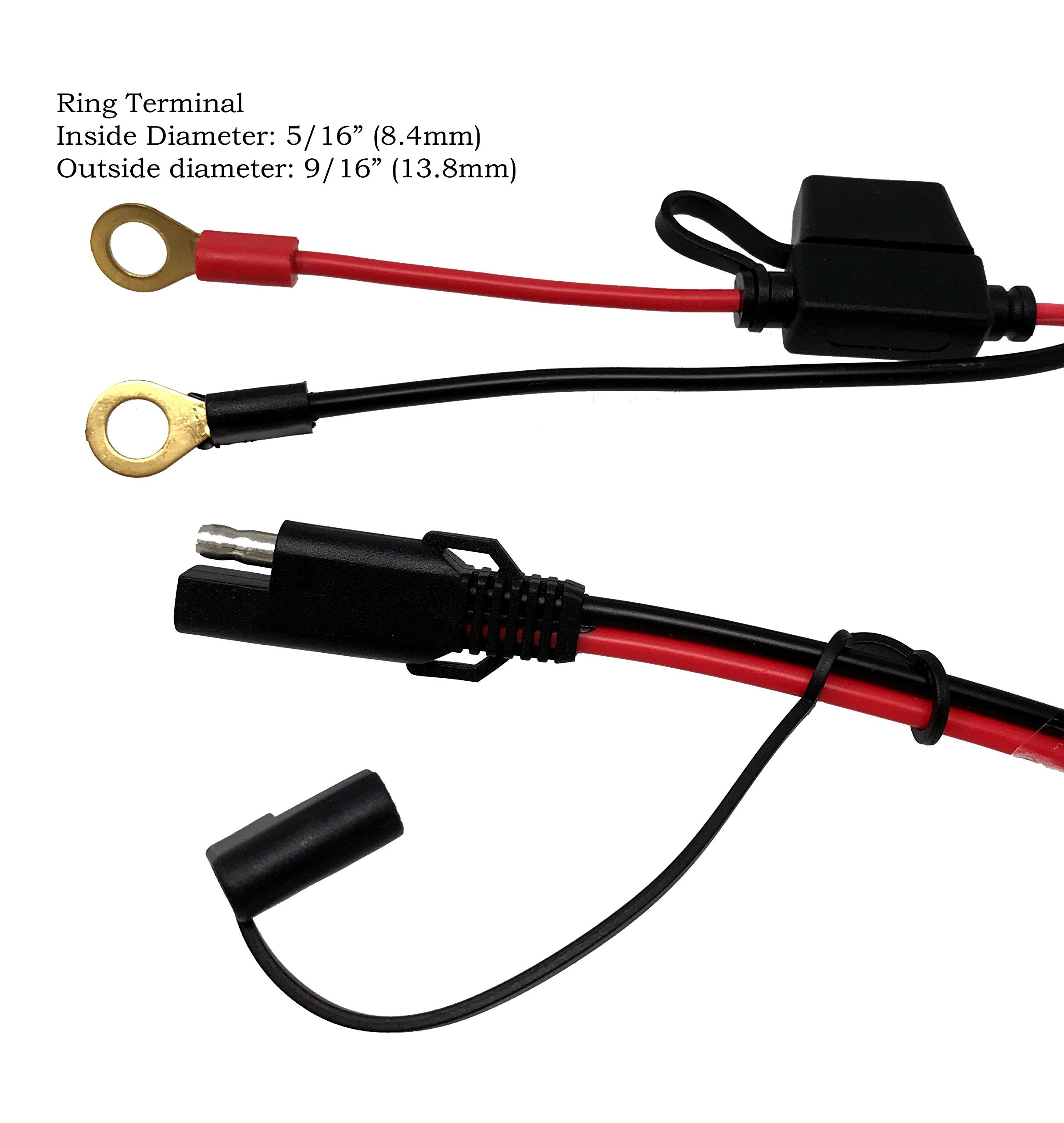 Tetra-Teknica MotoBasics Series RHS-01 12V Ring Terminal Harness with Black Fused 2-Pin Quick Disconnect Plug, 2 Feet, 16 Gauge