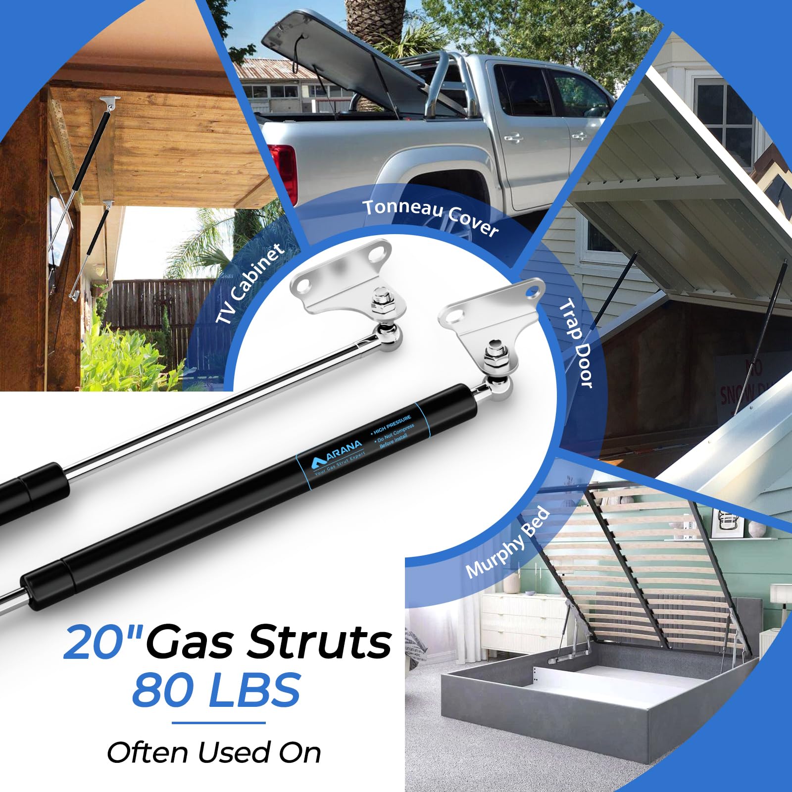 Arana Gas Struts 20 Inch 80Lb Gas Springs Shocks With Mounting Brakckets, 20'' 356N Gas Props Lift Support Struts For Hatch Quee