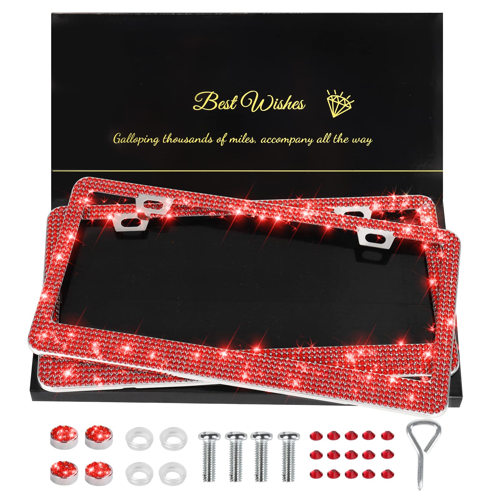 Quanqiufei 2 Pack Bling License Plate Frames For Women, Sparkly Rhinestone Diamond Car Accessories With Glitter Crystal Caps (Re