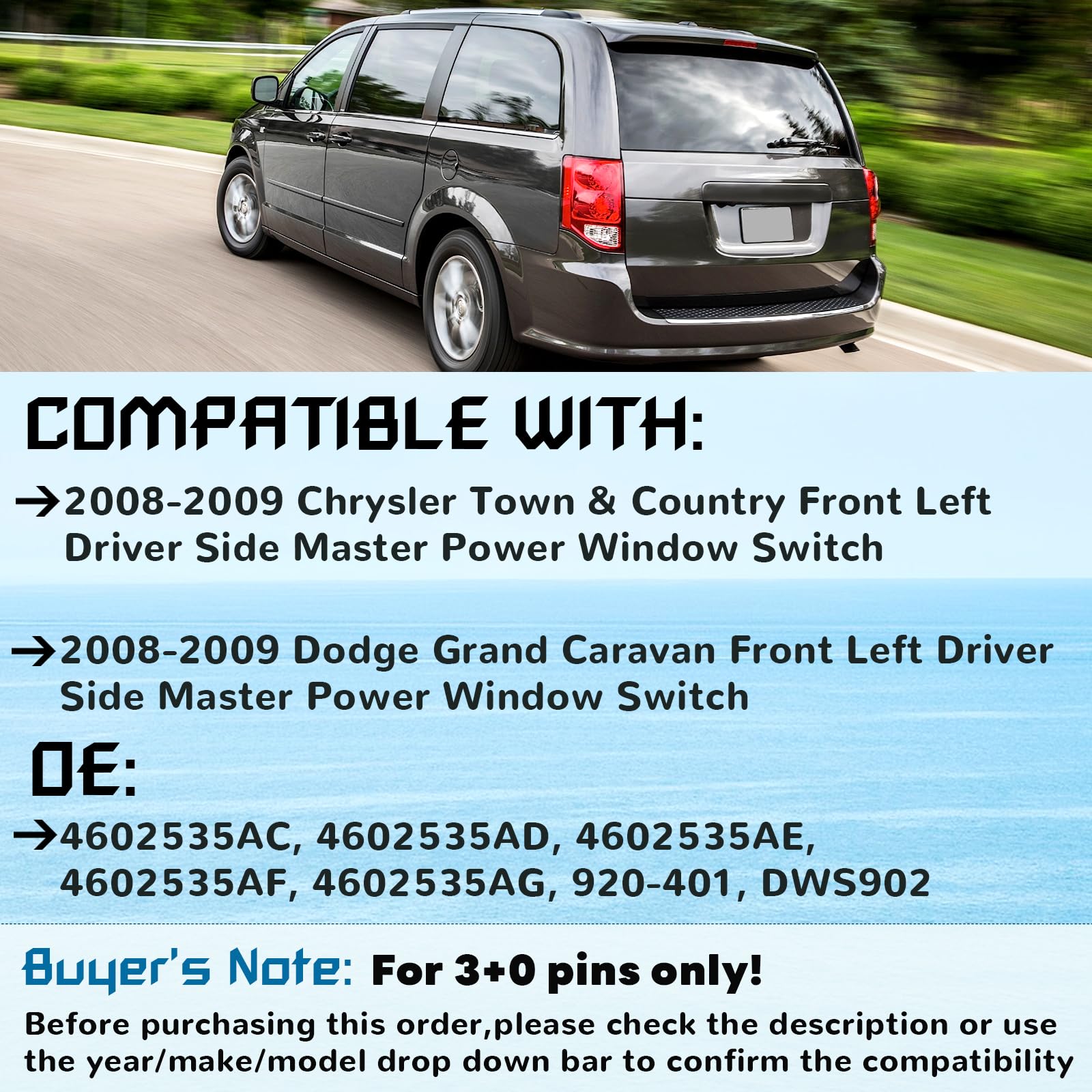 Master Power Window Switch, Driver Side 3 + 0 Pins, Replacement For 2008-2009 Chry-Sler Town & Country, 2008-2009 Dodge Grand Ca