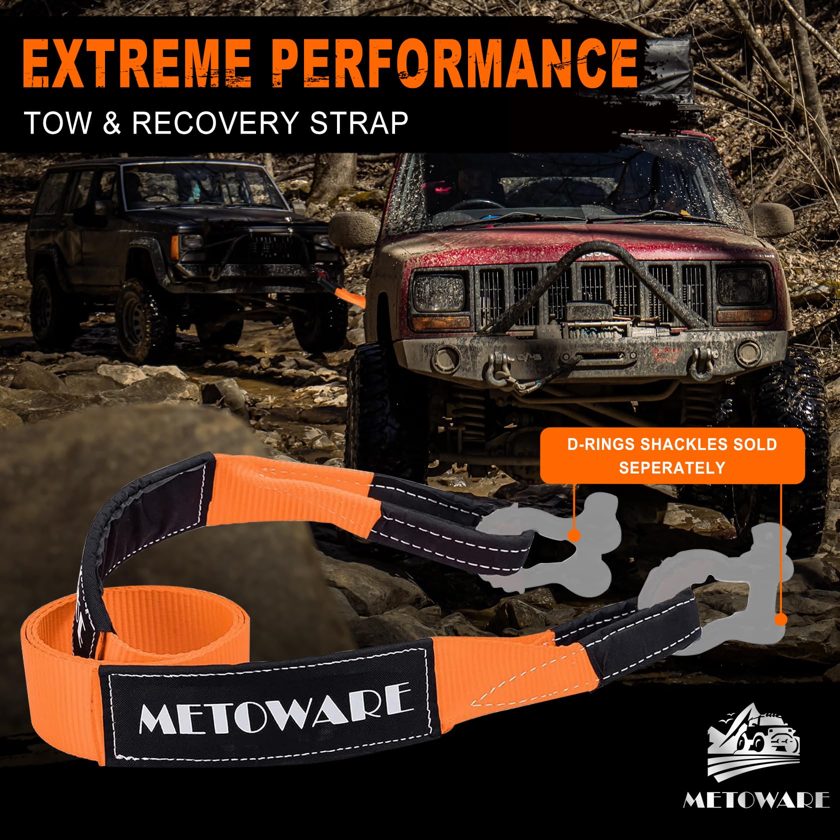 Metoware Tree Saver Tow Strap 3''    8Ft Recovery Strap, Heavy Duty Tow Straps With 35,000 Lb Capacity, Triple Reinforced Loop S