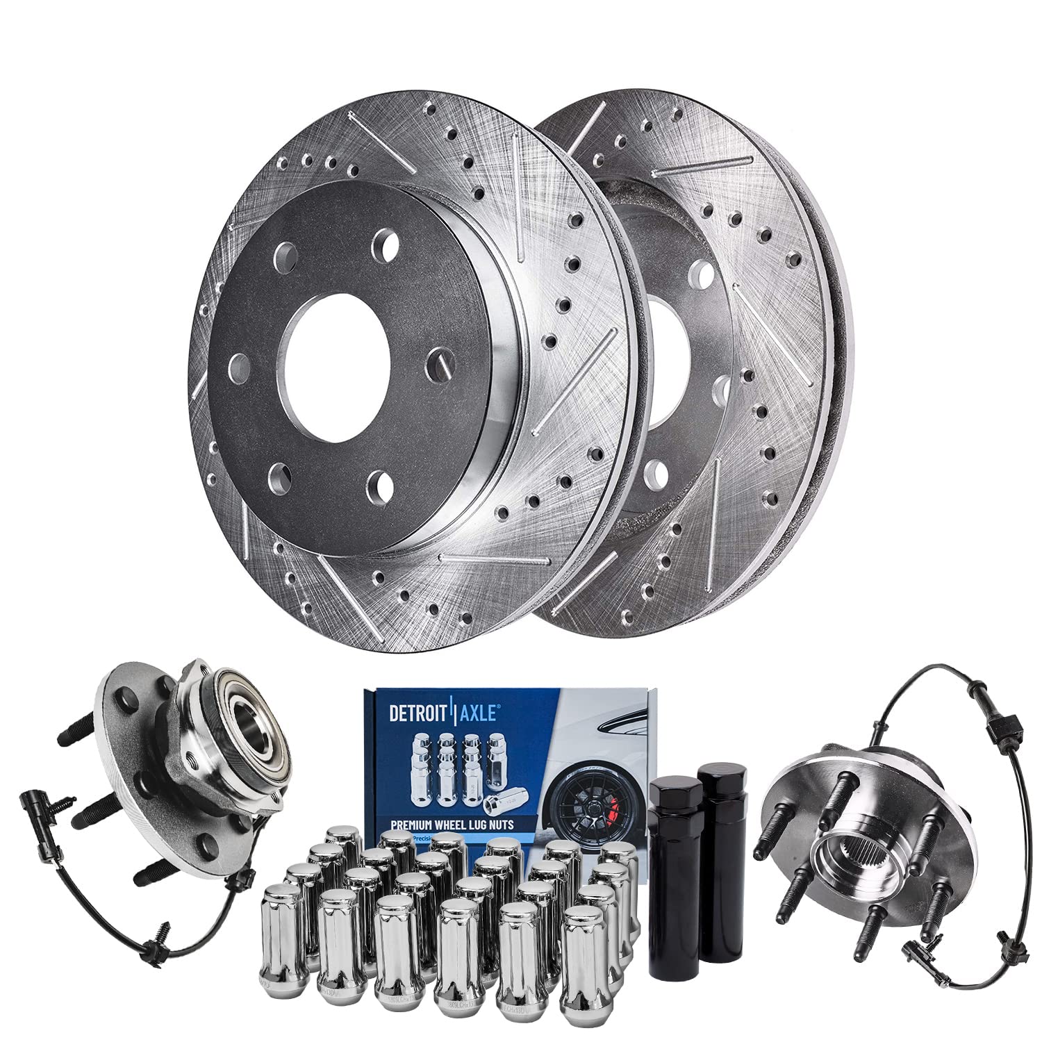Detroit Axle - 305mm Front Drilled Rotors Wheel Hubs + 24pc Lug Nuts w/keys Replacement for Escalade ESV EXT Express Silverado S