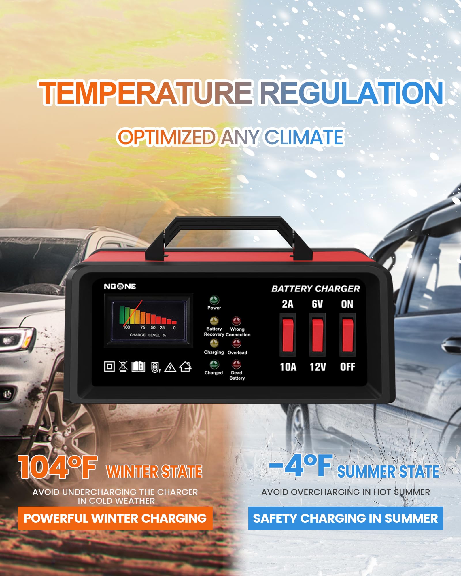 Noone 2A/10A Car Battery Charger, 6V/12V Battery Charger Automotive, Motorcycle Trickle Charger, Desulfator Float Charger And For Agm, Efb, Std,Lead Acid Batteries