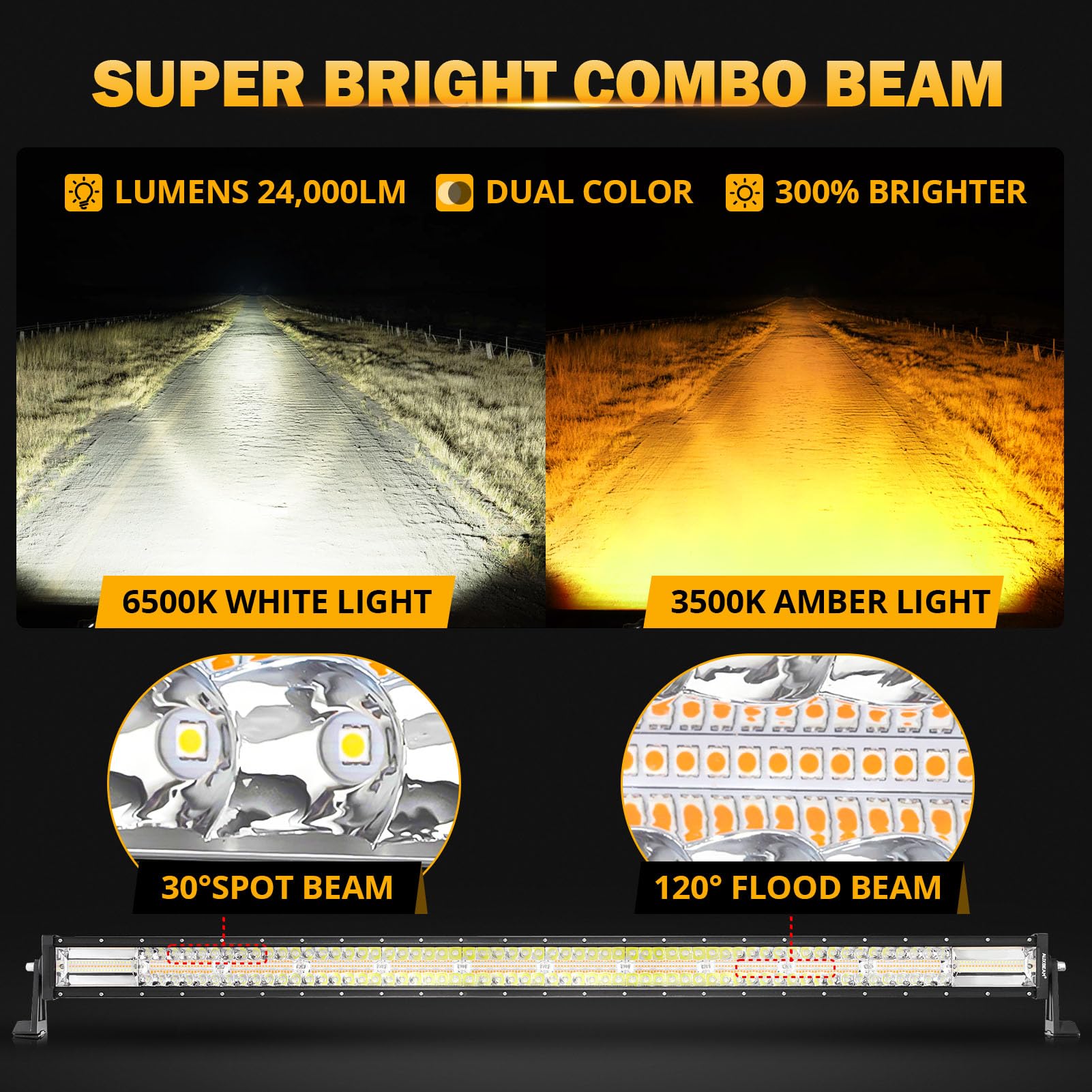 Auxbeam Led Straight Light Bar 50 Inch 288W Amber White Fog Lights, 6 Modes Strobe Yellow Offroad Driving Work Light With Memory