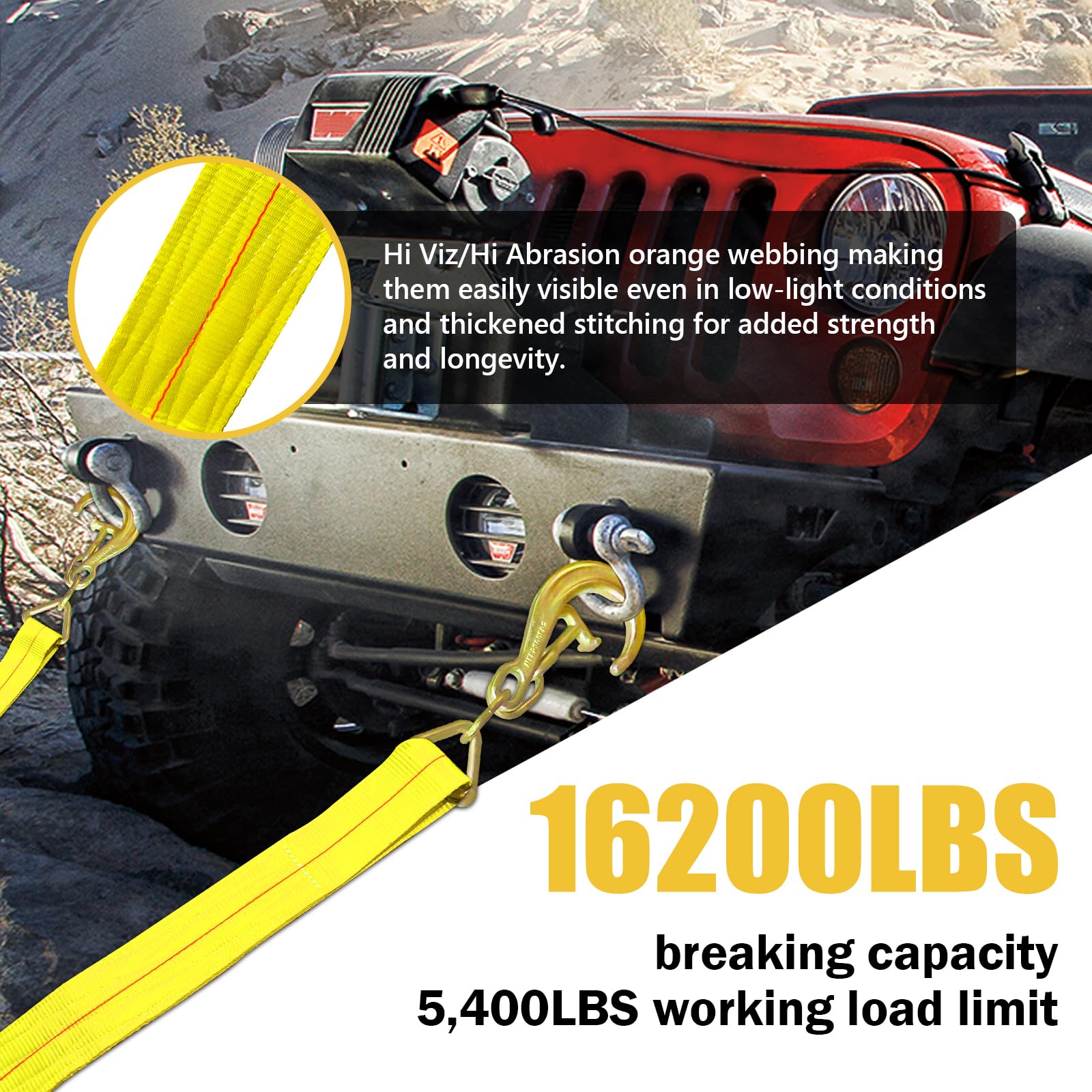 SENKEYFE Tow Straps V Bridle, 3'' x 36'' Recovery V-Strap with 8'' J Hooks and T-J Hooks, 5400LBS J Hook and Mini Datsun Recover