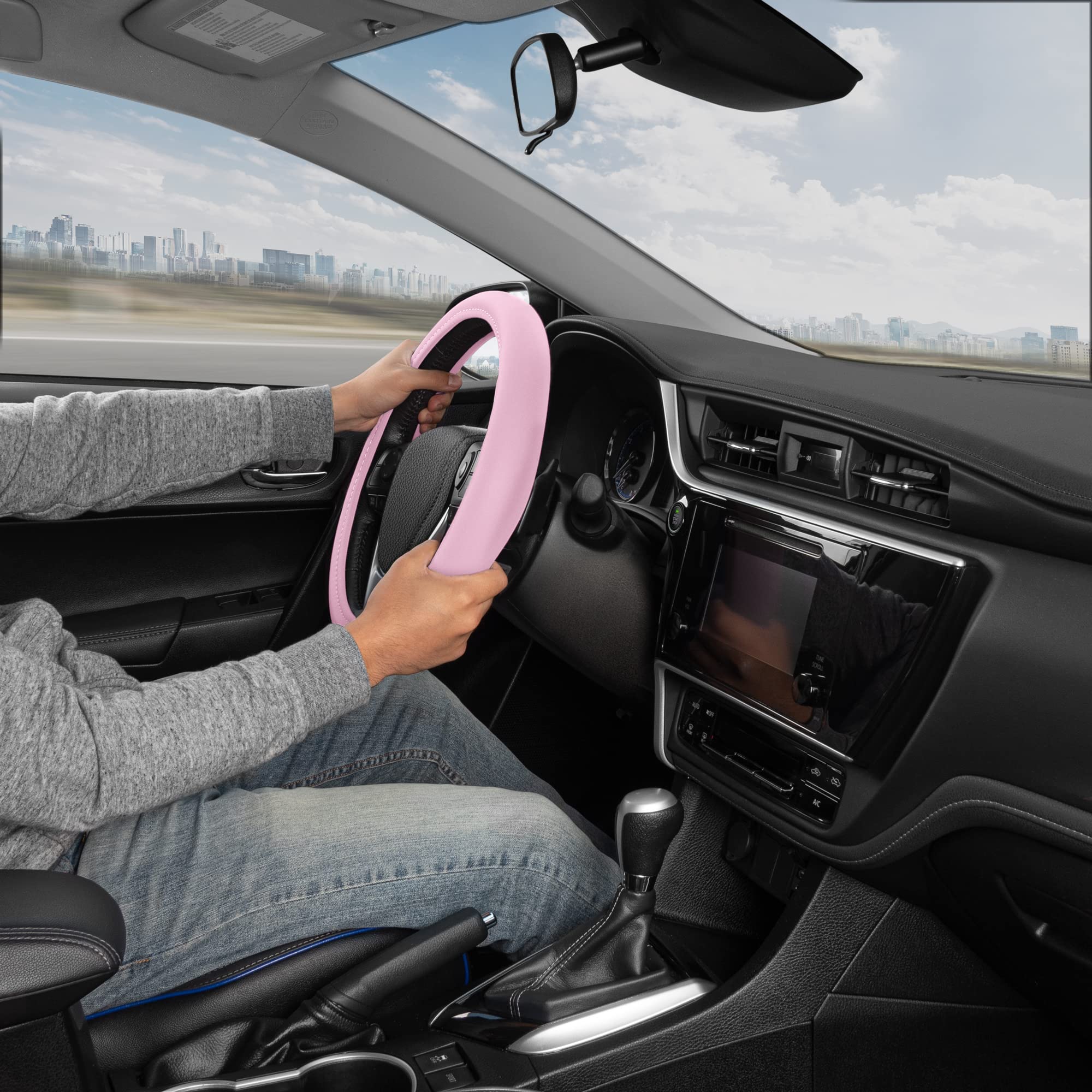 Bdk Ultra Soft Pink Steering Wheel Cover, Unisex Car Accessories Non-Slip Comfy Soft Grip Faux Leather Auto Steering Wheel Cover