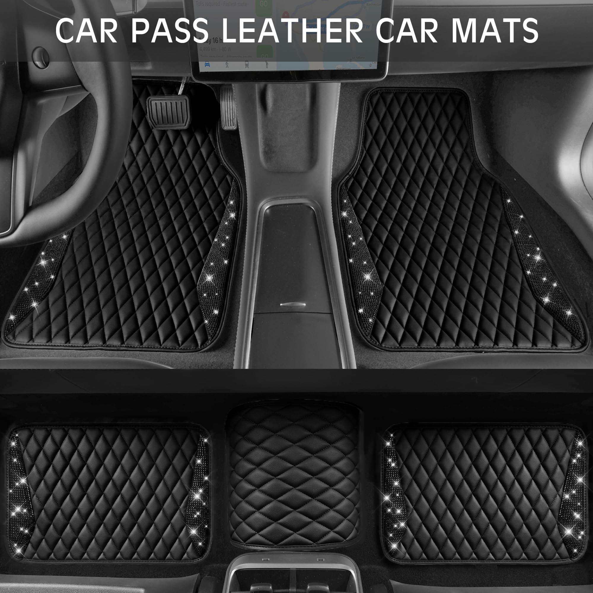CAR PASS Bling Leather Car Mats Shining Diamond Floor Mats Sparkly Glitter Crystal Rhinestones Carpet Anti-Slip Waterproof Pad U