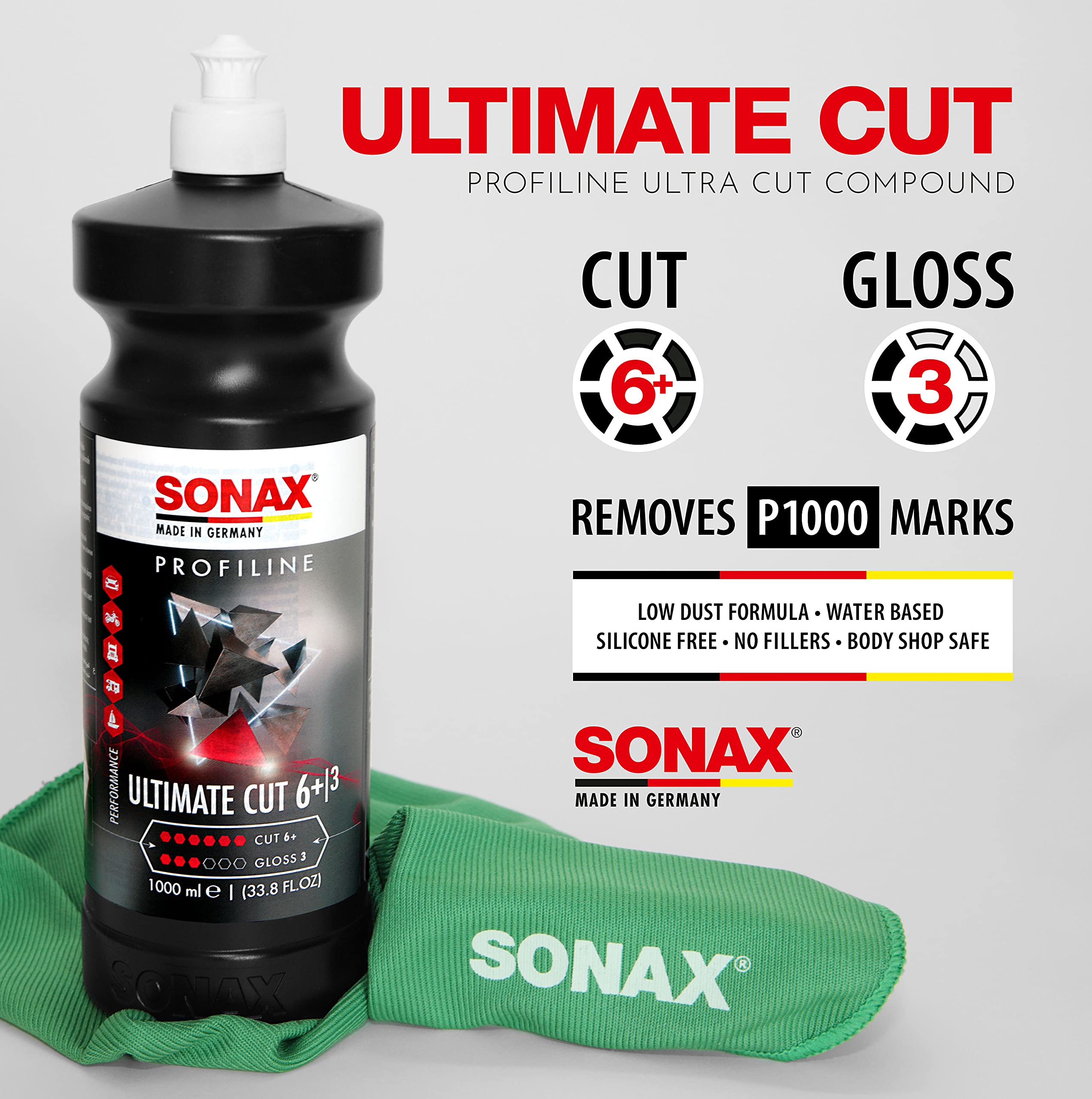 Sonax Ultimate Cut | Strong Abrasive Compound | Removes P1000 Or Finer | Water Based Polish/Compound | Step 1 Compound | Removes Deep Scratches | Removes Sand Scratches | 1L | 239300