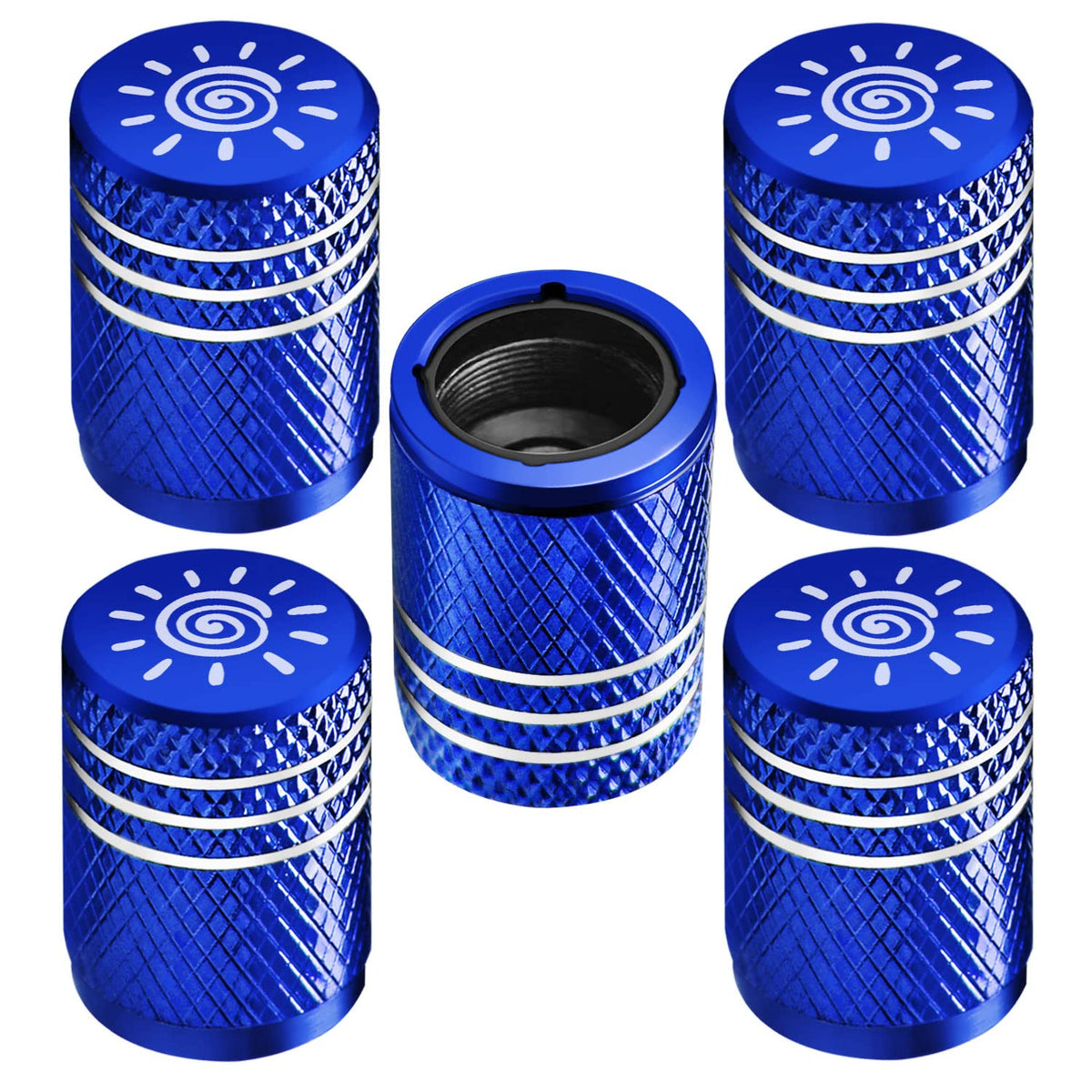 Tire Valve Stem Caps For Car Tire Cap 5 Pack Corrosion Resistant Leak-Proof Premium Alloy Sunshine Pattern Universal For Car Bike Truck Motorcycle Blue