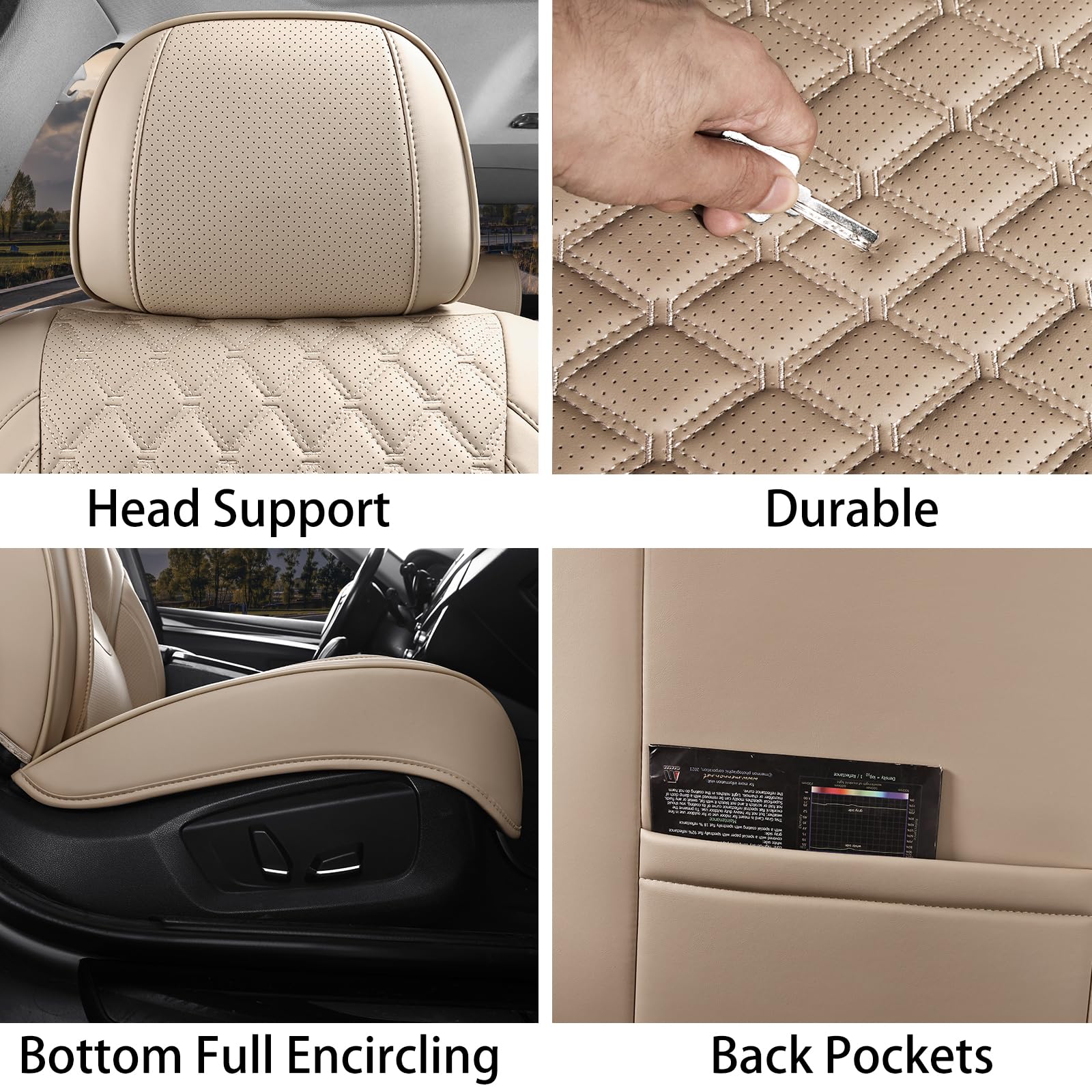 Sxikin Car Seat Covers Full Set Beige, Luxury Faux Leather Car Seat Covers Waterproof Non-Slip Seat Protector Universal Fit For