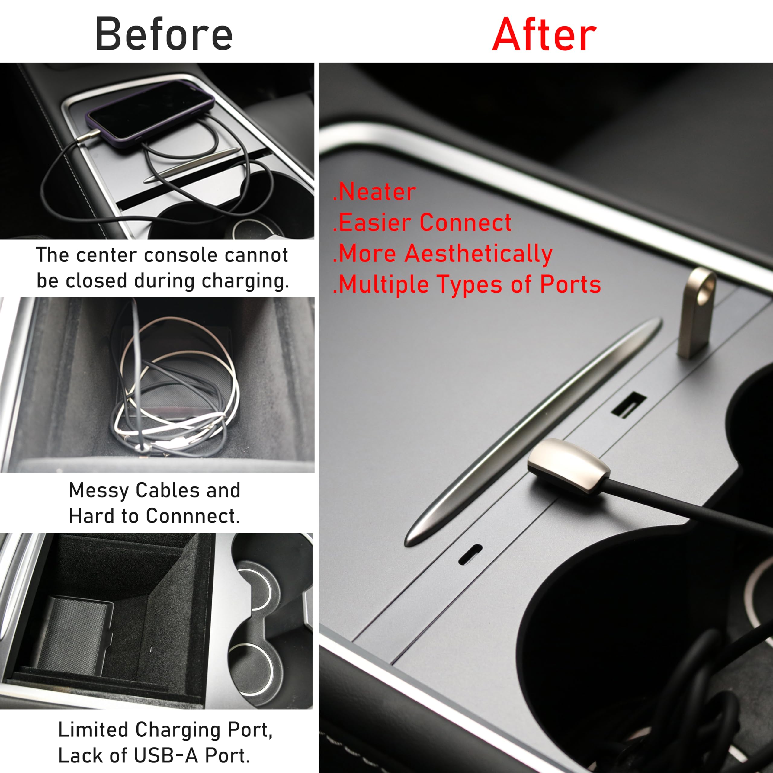 Leikaendi Car Usb Hub Charger For Tesla Model Y 2021-2024 And Model 3 2021-2023, Support Usb-C Fast Charging, Center Console Multiport Phone Charger Oem Docking Station Adapter Accessories