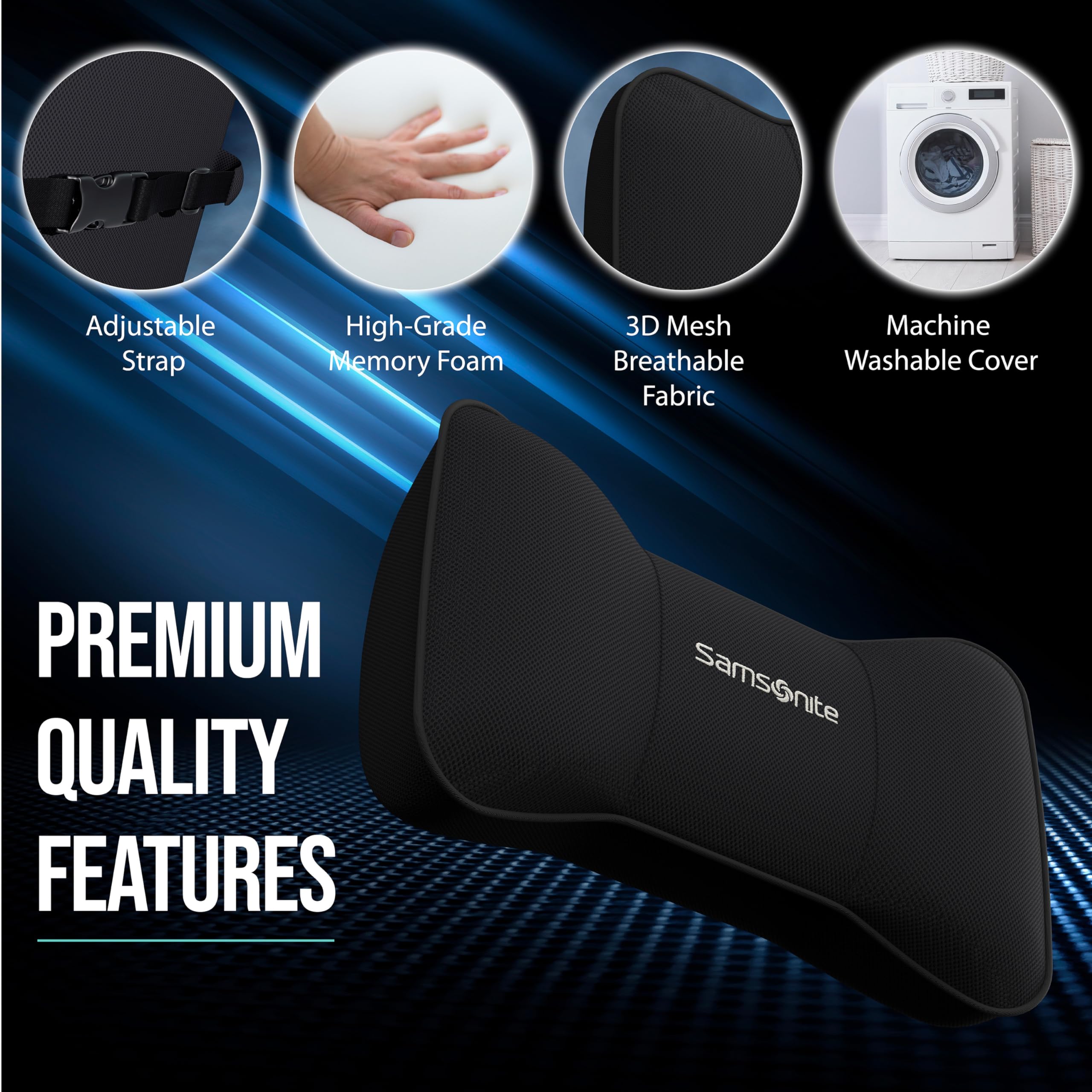 SAMSONITE Travel Neck Pillow - Memory Foam Car Seat Headrest Cushion, Ergonomic Neck Support for Driving, Adjustable Strap, Comf